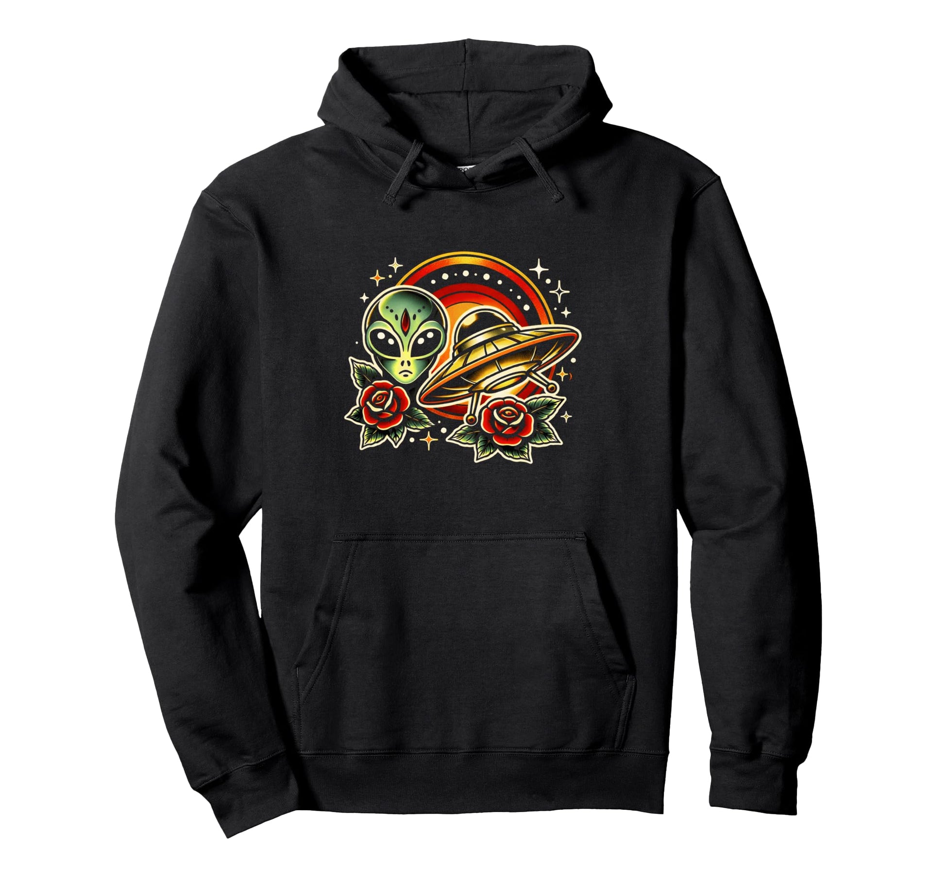 Alien Ufo Tattoo Roses Space Hoodie - Minimalist Print for Adults - T-Shirt, Sweatshirt, Hoodie