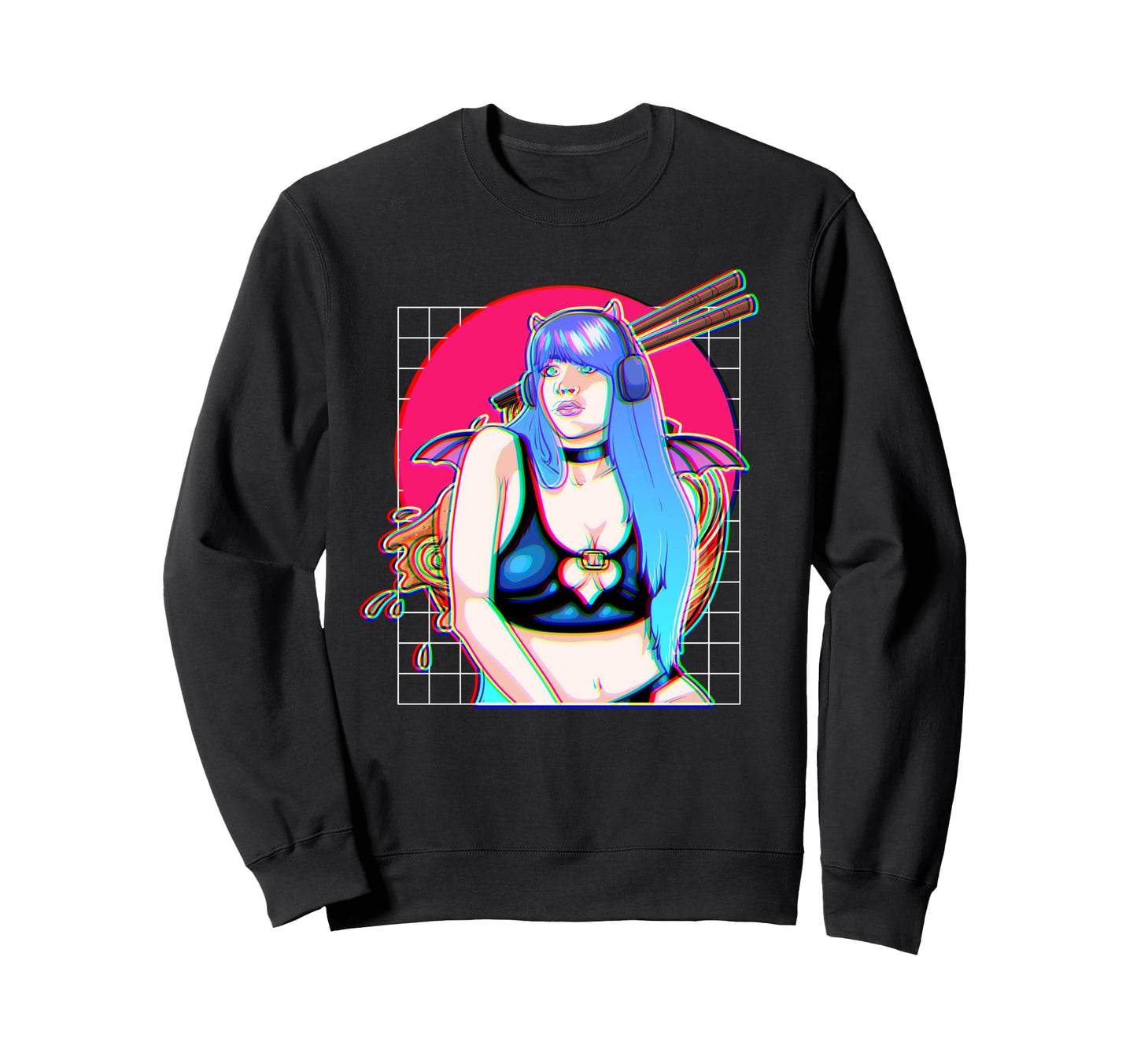 Vaporwave Anime Demon Horns Glitch Sweatshirt - Unique Graphic for Adults - T-Shirt, Sweatshirt, Hoodie