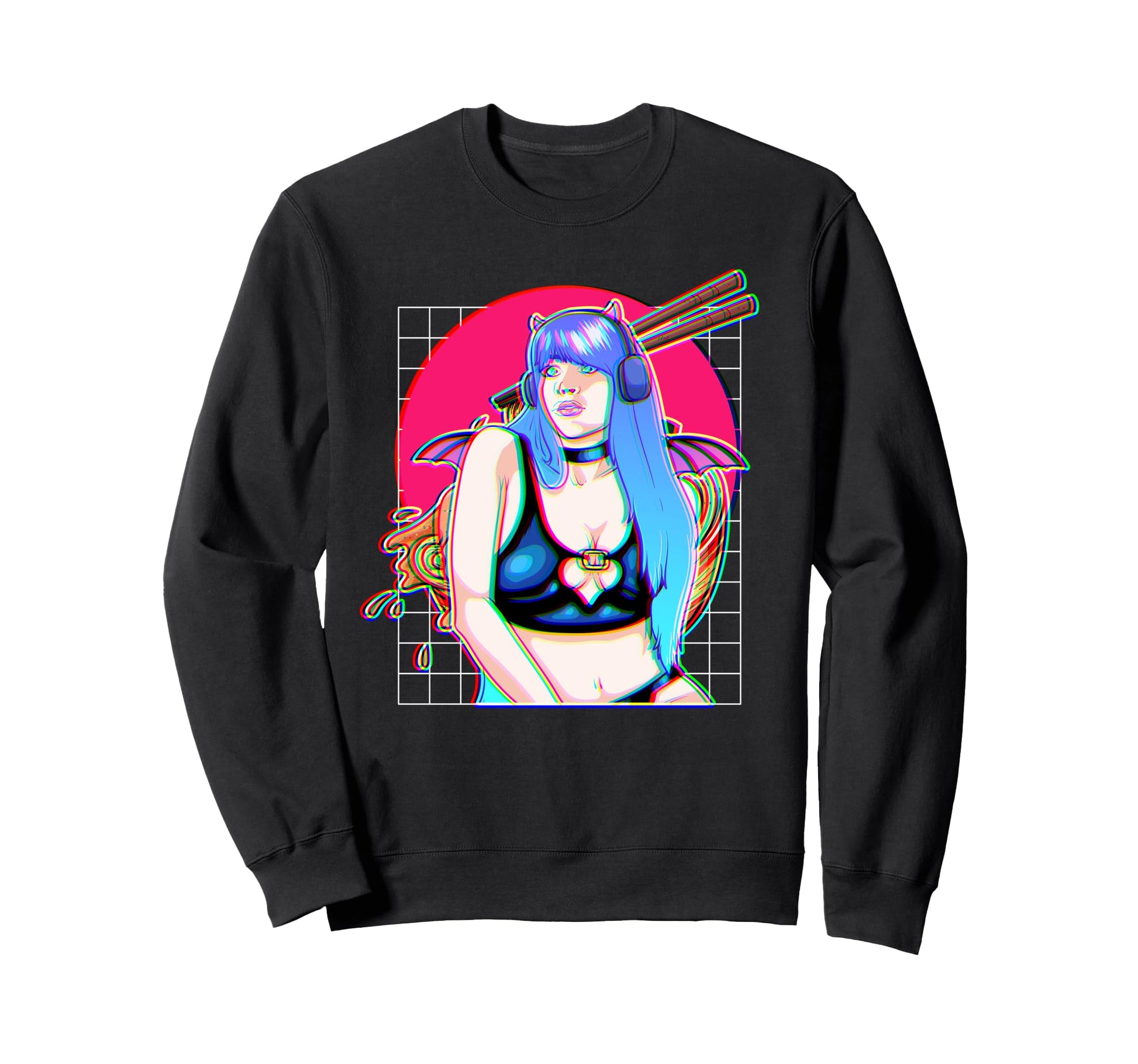Vaporwave Anime Demon Horns Glitch Sweatshirt - Unique Graphic for Adults - T-Shirt, Sweatshirt, Hoodie