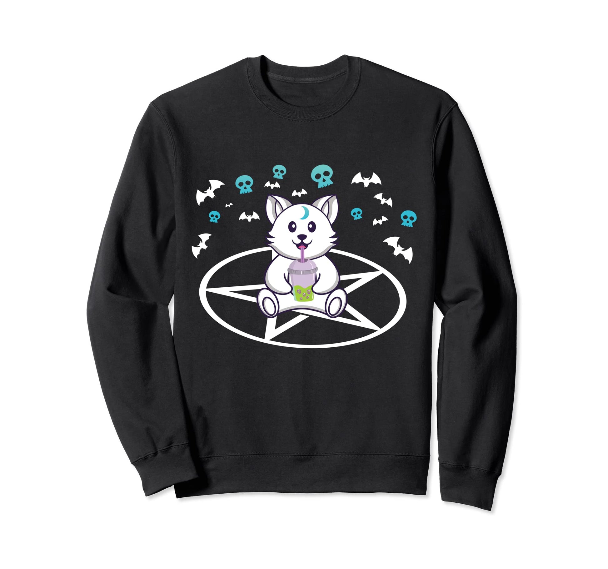 Cat Bubble Tea Pentagram Goth Cat Sweatshirt - Trendy Graphic Men Women - T-Shirt, Sweatshirt, Hoodie