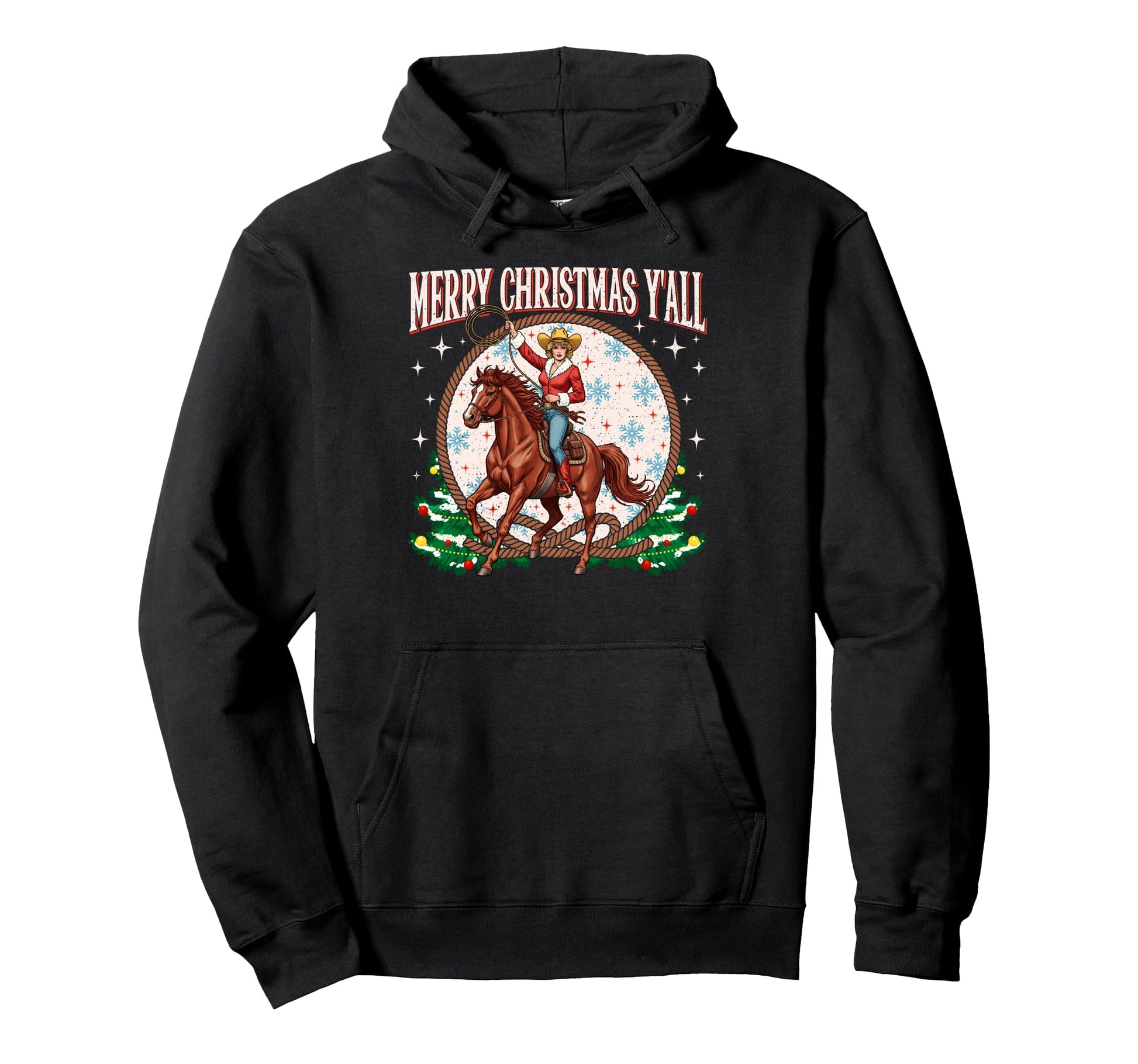 Merry Yall Cowboy Horse Western Hoodie - Trendy Graphic Unisex - T-Shirt, Sweatshirt, Hoodie