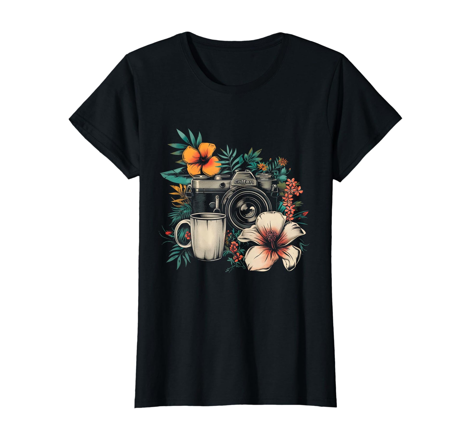 Photographer Coffee Camera Flowers T-Shirt - Unique Graphic for Adults - T-Shirt, Sweatshirt, Hoodie