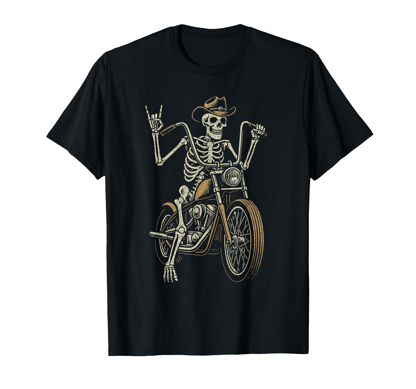 Skeleton Biker Rock Horns Cowboy Hat T-Shirt - Unique Graphic for Adults - T-Shirt, Sweatshirt, Hoodie