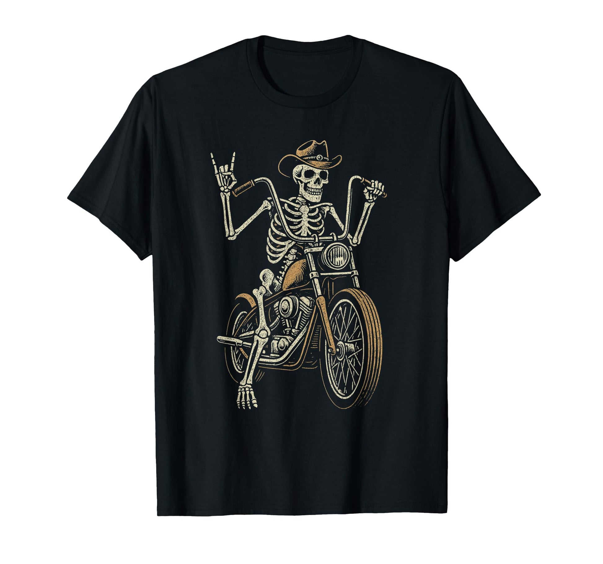 Skeleton Biker Rock Horns Cowboy Hat T-Shirt - Unique Graphic for Adults - T-Shirt, Sweatshirt, Hoodie