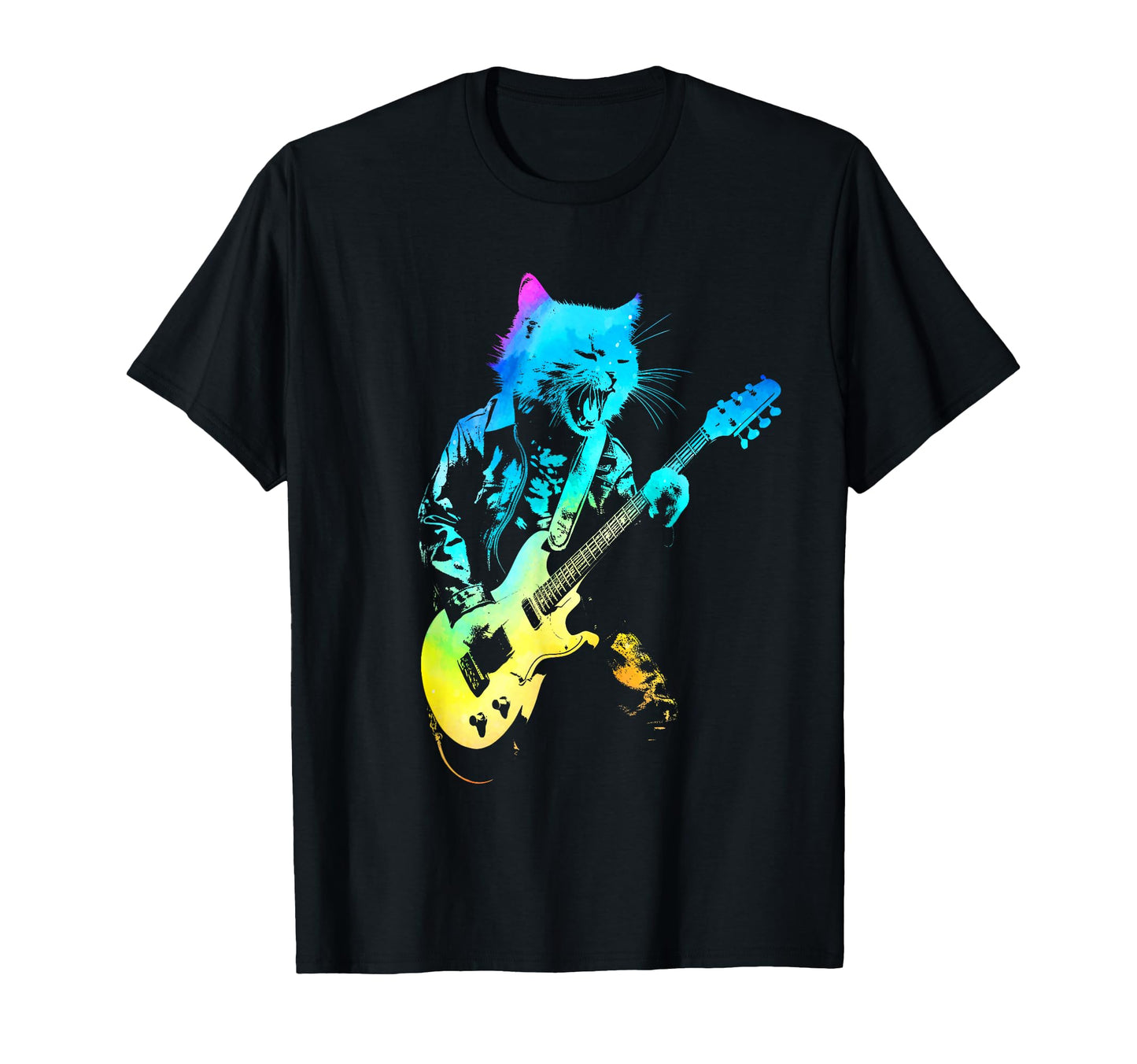 Colorful Rock Cat Playing Guitar Funny T-Shirt - Graphic Print Unisex - T-Shirt, Sweatshirt, Hoodie