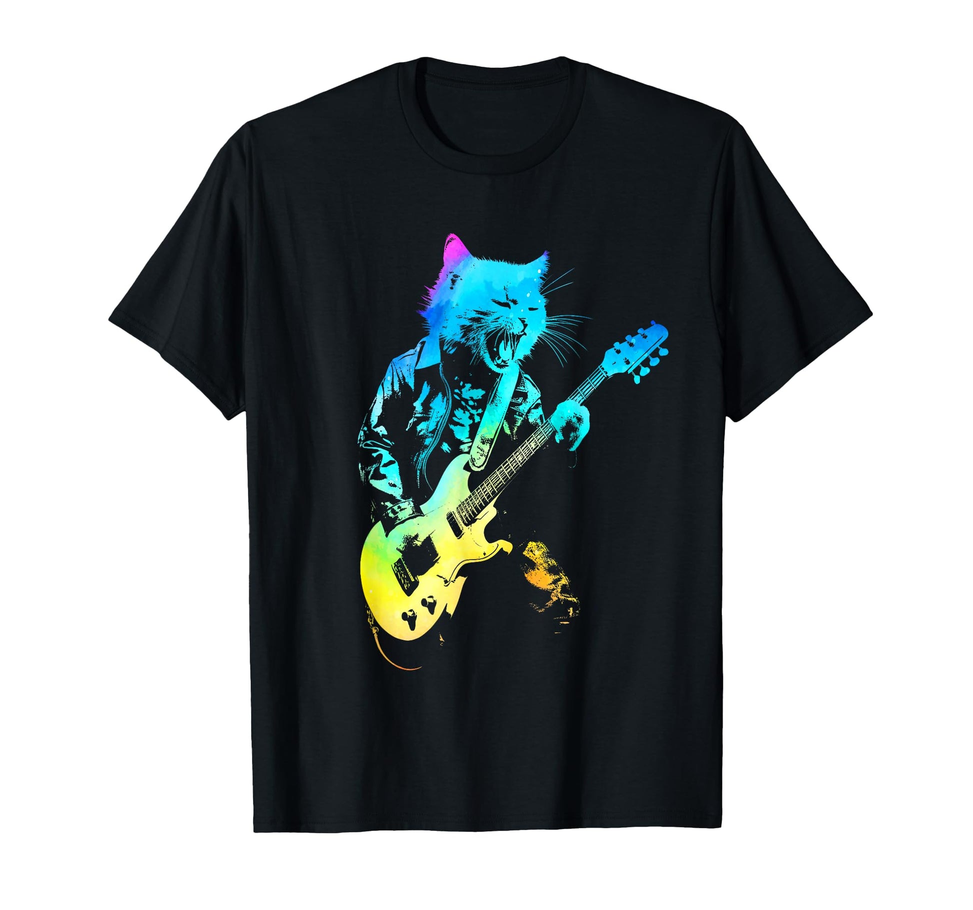 Colorful Rock Cat Playing Guitar Funny T-Shirt - Graphic Print Unisex - T-Shirt, Sweatshirt, Hoodie