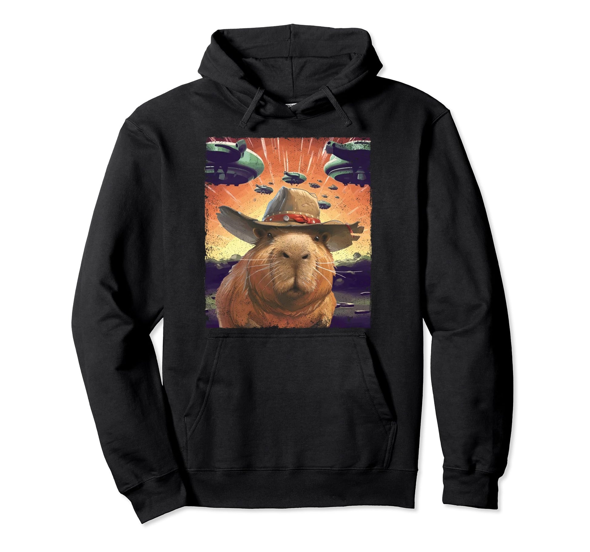 Funny Cowboy Capybara Selfie Ufos Hoodie - Minimalist Print for Adults - T-Shirt, Sweatshirt, Hoodie