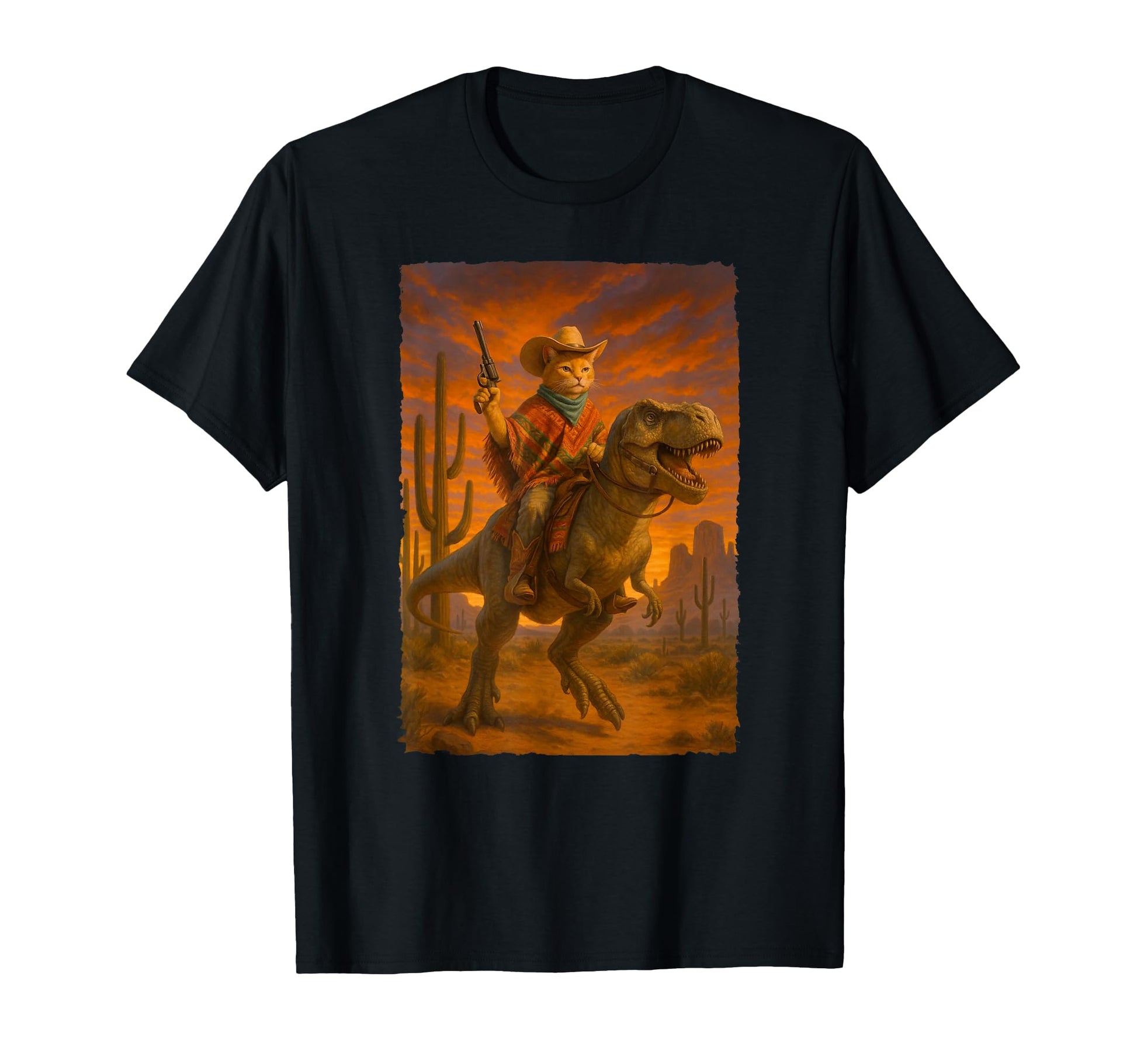 Funny Western Cat Riding Dinosaur Cowboy T-Shirt - Graphic Print Men Women - T-Shirt, Sweatshirt, Hoodie