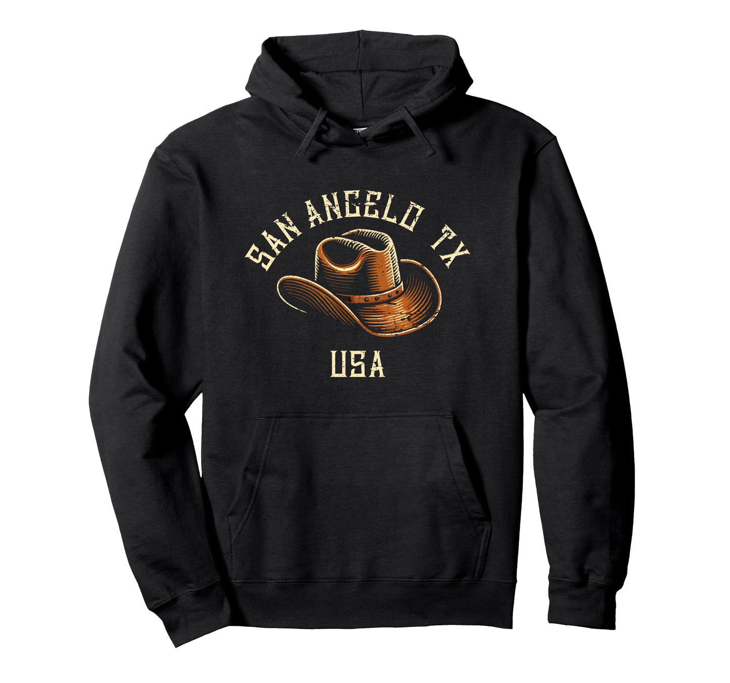 San Angelo Tx Usa Cowboy Hat Distressed Hoodie - Trendy Graphic Men Women - T-Shirt, Sweatshirt, Hoodie