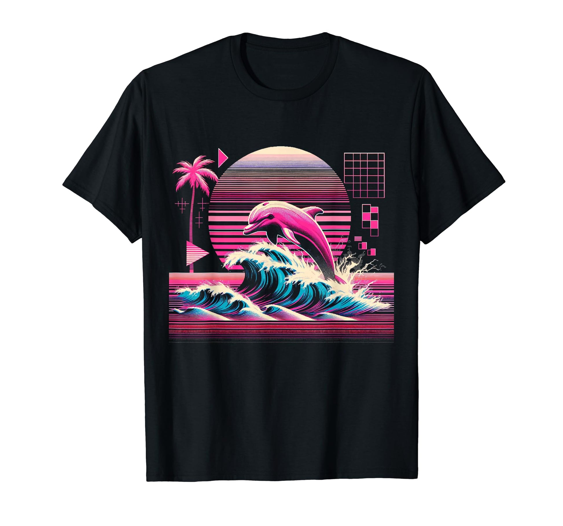 Palm Sunset Dolphin 80S 90S T-Shirt - Fun Novelty Design Men Women - T-Shirt, Sweatshirt, Hoodie