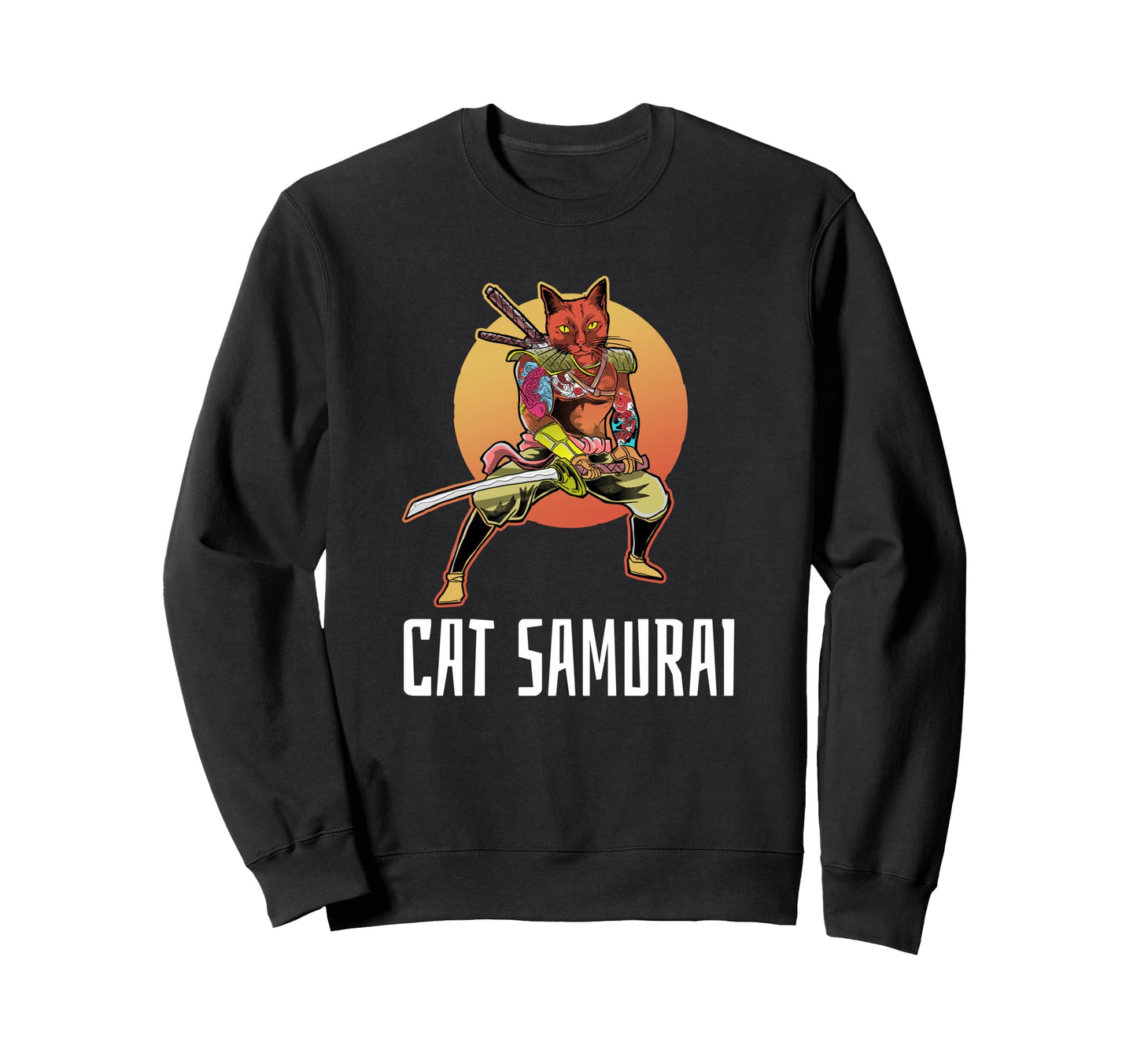Cat Samurai Japanese Aesthetic Sweatshirt - Minimalist Print for Adults - T-Shirt, Sweatshirt, Hoodie