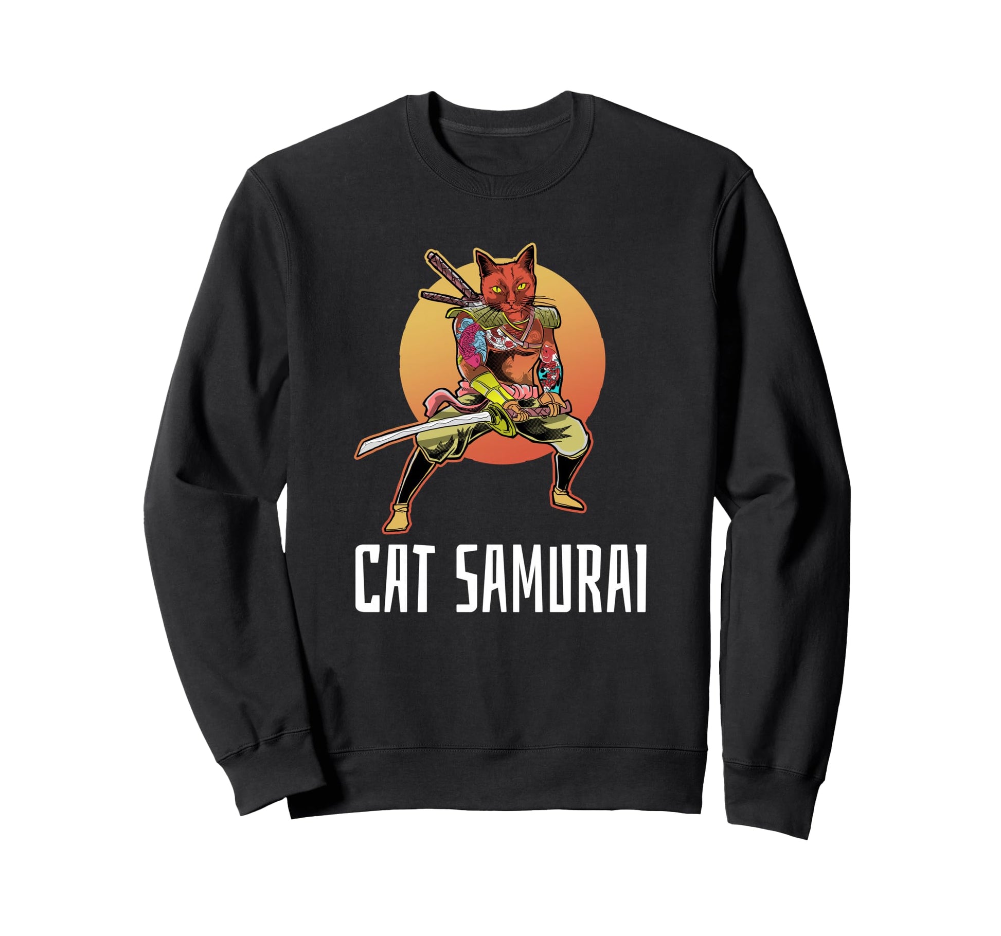 Cat Samurai Japanese Aesthetic Sweatshirt - Minimalist Print for Adults - T-Shirt, Sweatshirt, Hoodie