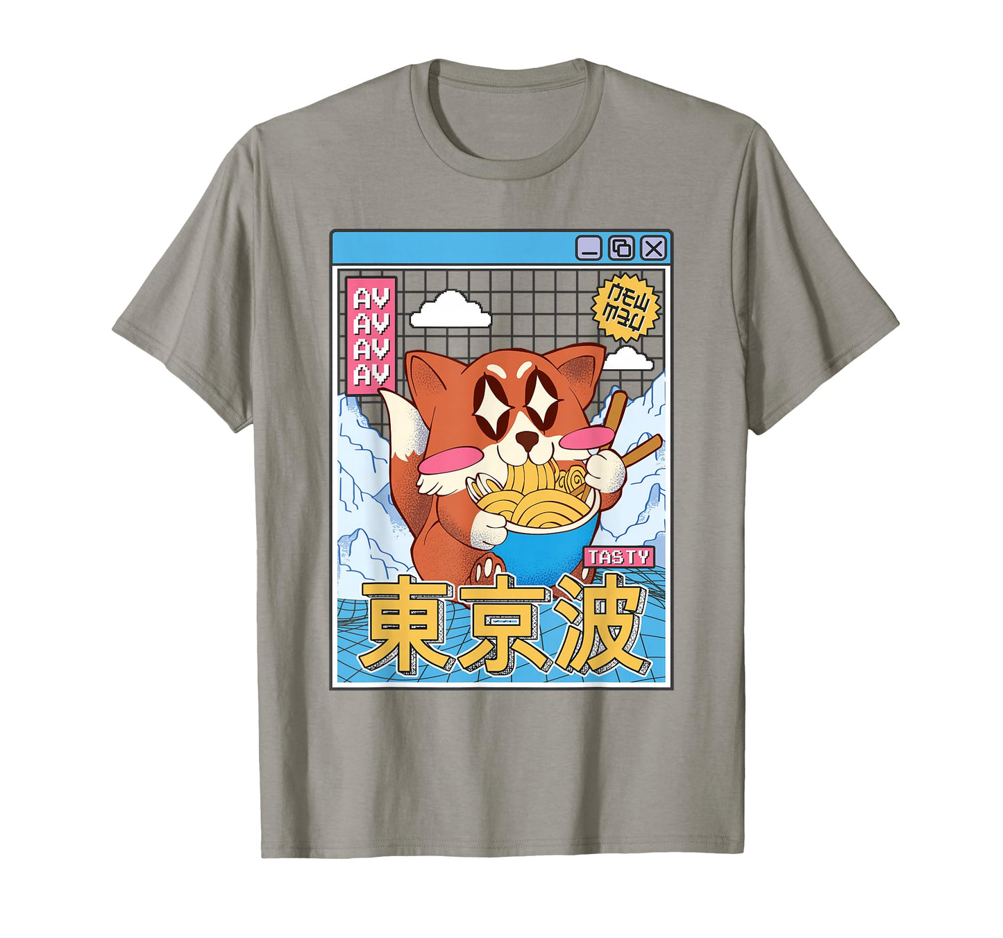 Happy Fox Eating Ramen Vaporwave T-Shirt - Fun Novelty Design for Adults - T-Shirt, Sweatshirt, Hoodie