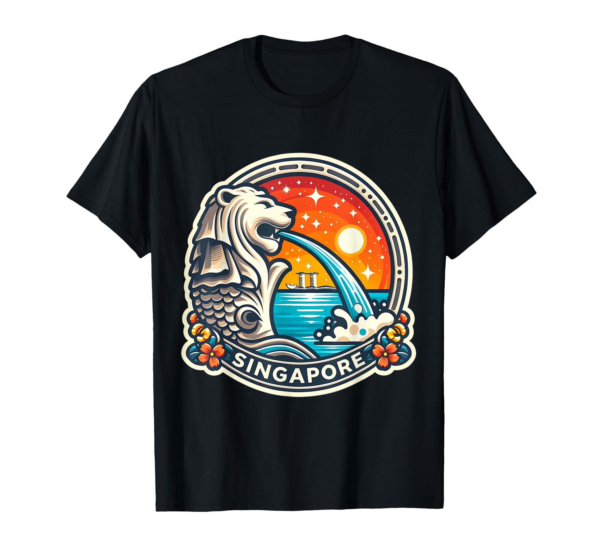Singapore Merlion Sunset Floral Starry T-Shirt - Graphic Print for Adults - T-Shirt, Sweatshirt, Hoodie