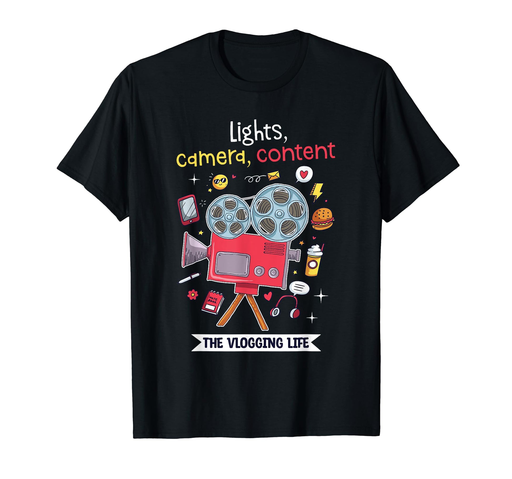 Lights Camera Content Vlogging Adventures T-Shirt - Graphic Print Unisex - T-Shirt, Sweatshirt, Hoodie