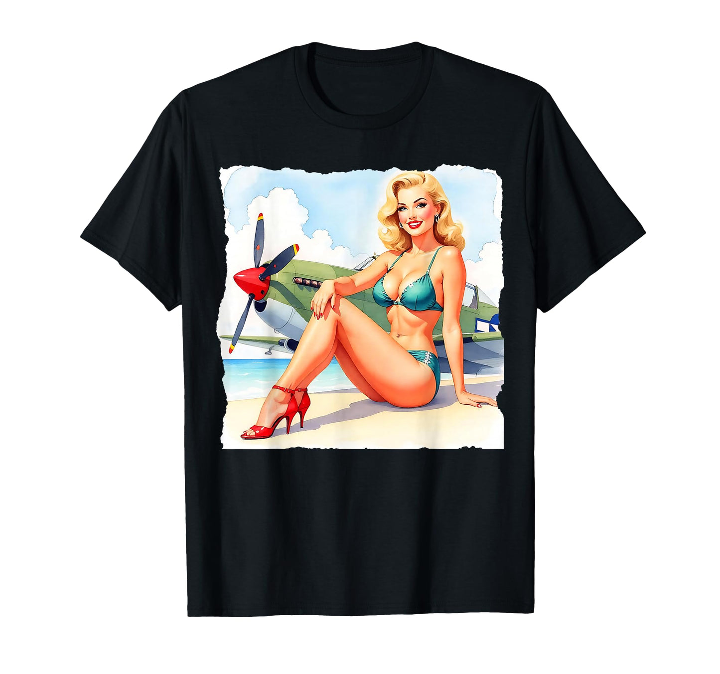 1940S Pin Up P 51 Warbird Scene T-Shirt - Unique Graphic Unisex - T-Shirt, Sweatshirt, Hoodie