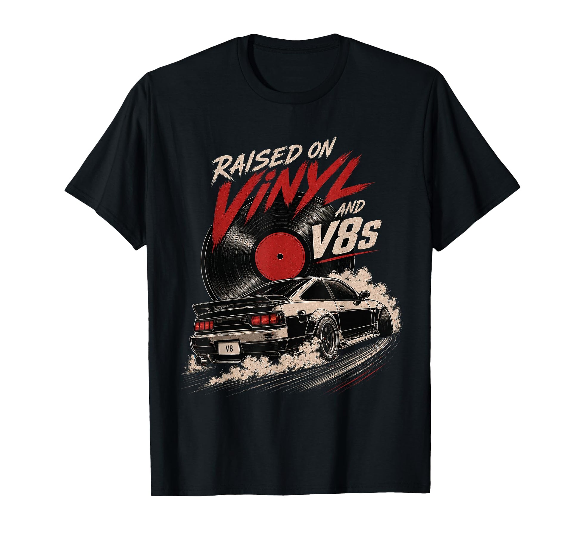 Raised Vinyl And V8S Car Music T-Shirt - Streetwear Style for Adults - T-Shirt, Sweatshirt, Hoodie