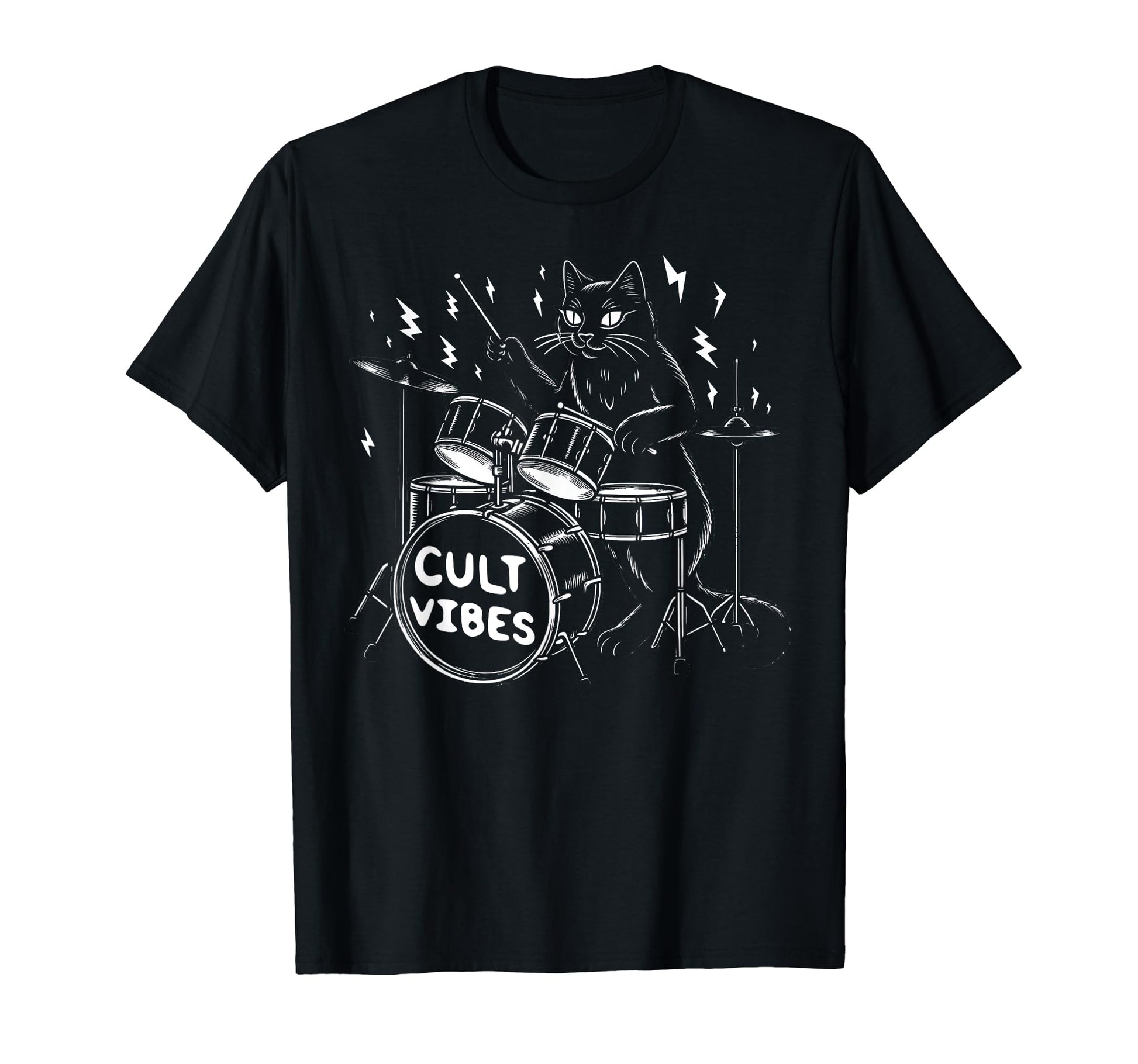 Death Metal Satanic Cat Playing Drums T-Shirt - Minimalist Print Unisex - T-Shirt, Sweatshirt, Hoodie