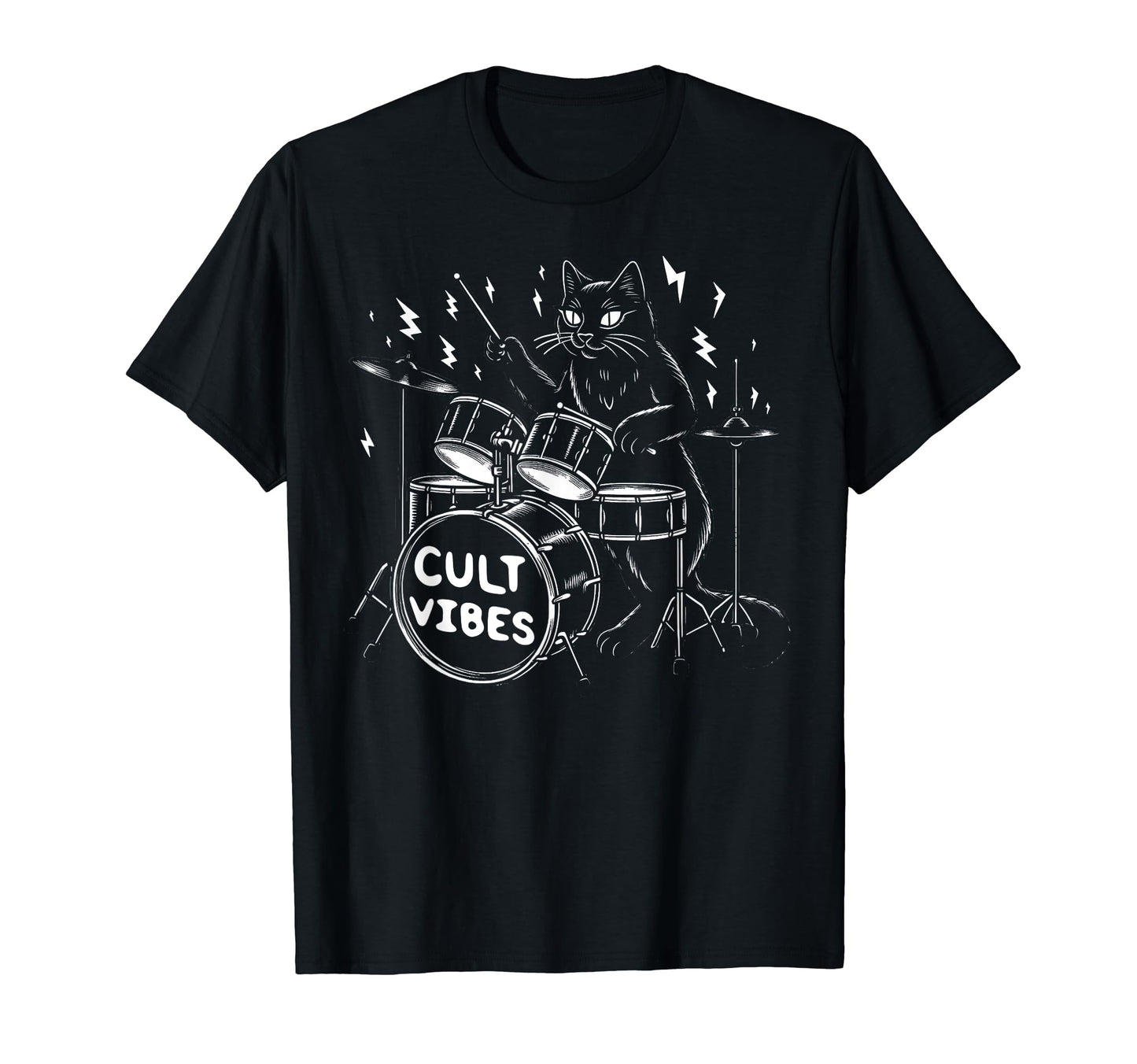 Satanic Black Cat Playing Drums Rock And T-Shirt - Trendy Graphic Unisex - T-Shirt, Sweatshirt, Hoodie