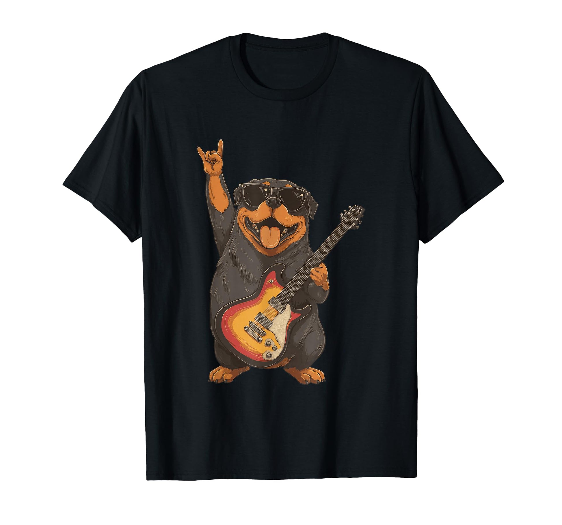 Rottweiler Dog Playing Guitar Rocker T-Shirt - Unique Graphic Unisex - T-Shirt, Sweatshirt, Hoodie