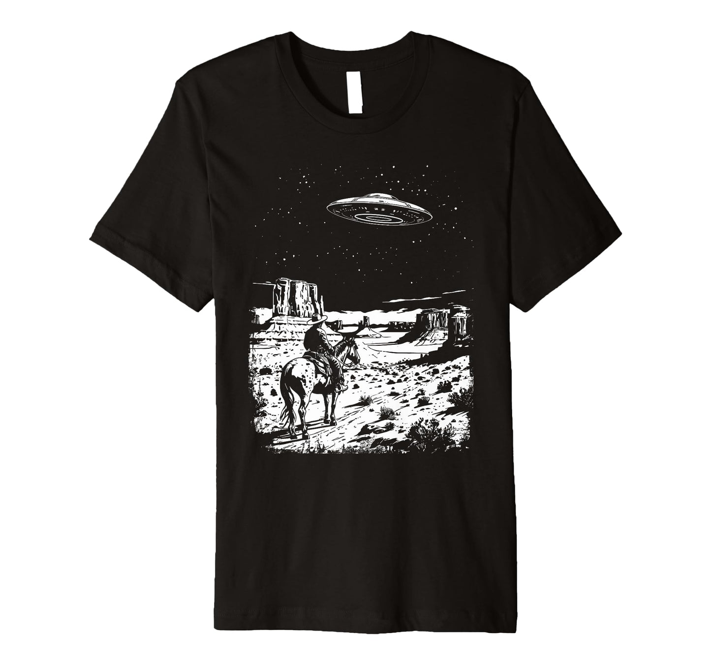 Ufo Western Cowboy Under Night Stars T-Shirt - Minimalist Print Unisex - T-Shirt, Sweatshirt, Hoodie
