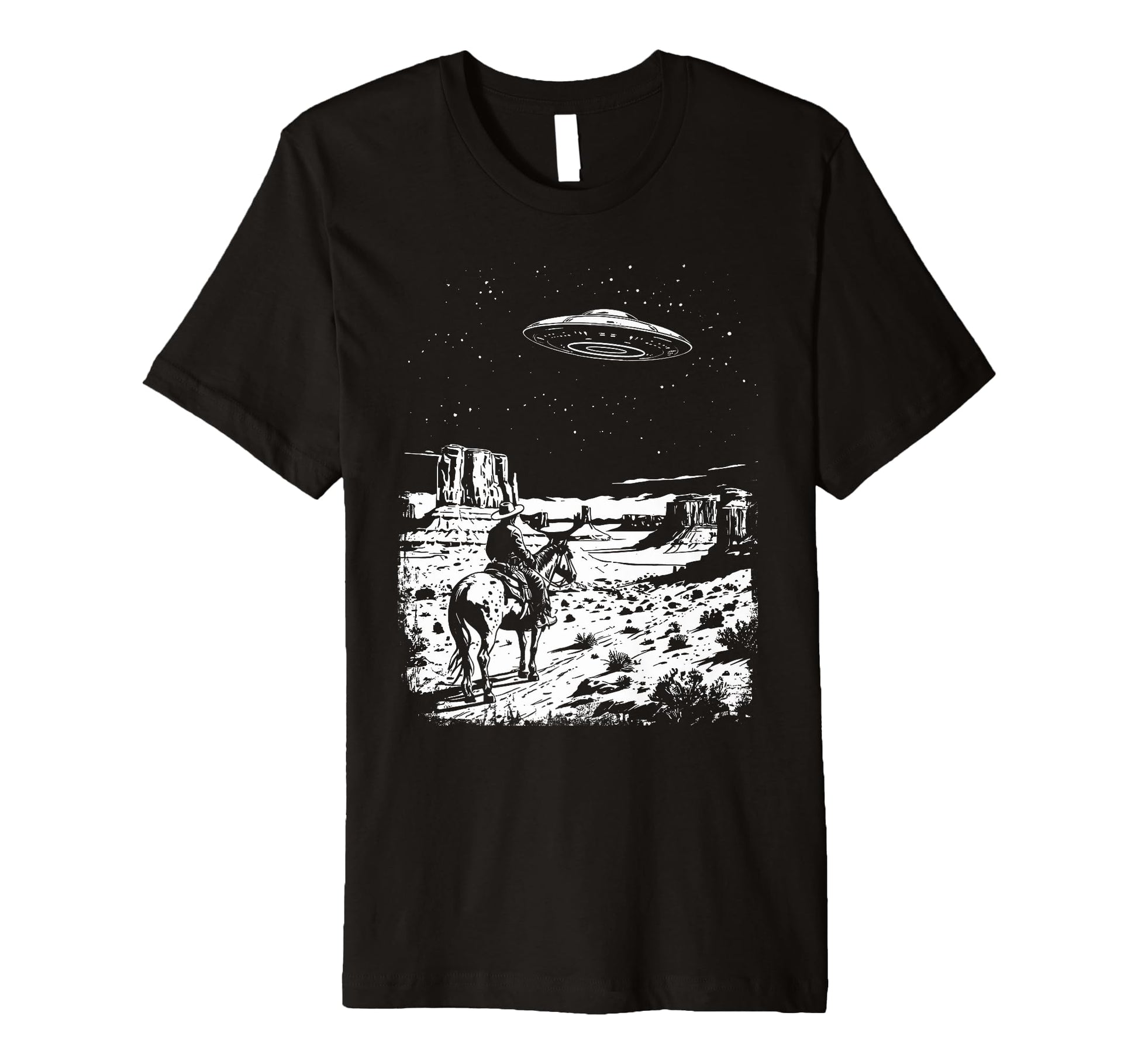 Ufo Western Cowboy Under Night Stars T-Shirt - Minimalist Print Unisex - T-Shirt, Sweatshirt, Hoodie