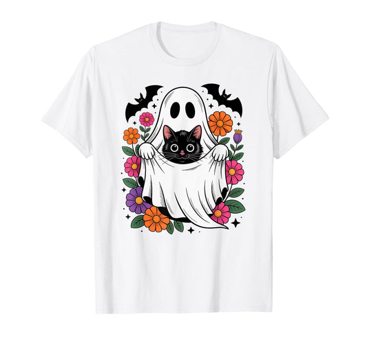 Boho Floral Spooky Ghost Cat T-Shirt - Minimalist Print Men Women - T-Shirt, Sweatshirt, Hoodie