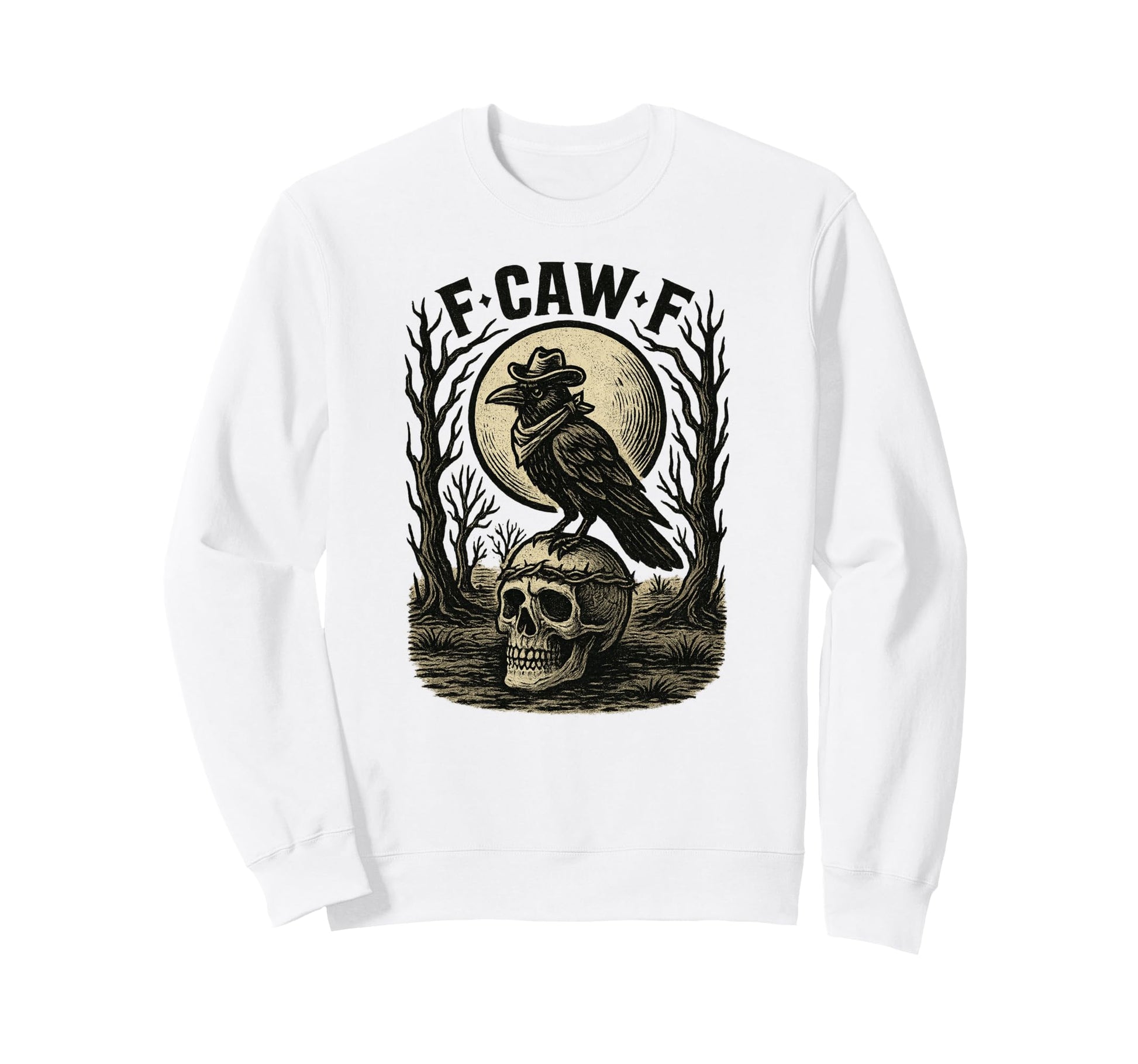 F Caw F Raven Cowboy Skull Moon Sweatshirt - Minimalist Print Unisex - T-Shirt, Sweatshirt, Hoodie