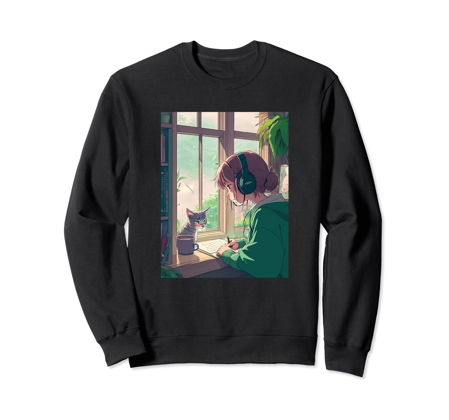 Lofi Anime Headphones Cat 90S Vaporwave Sweatshirt - Unique Graphic Unisex - T-Shirt, Sweatshirt, Hoodie