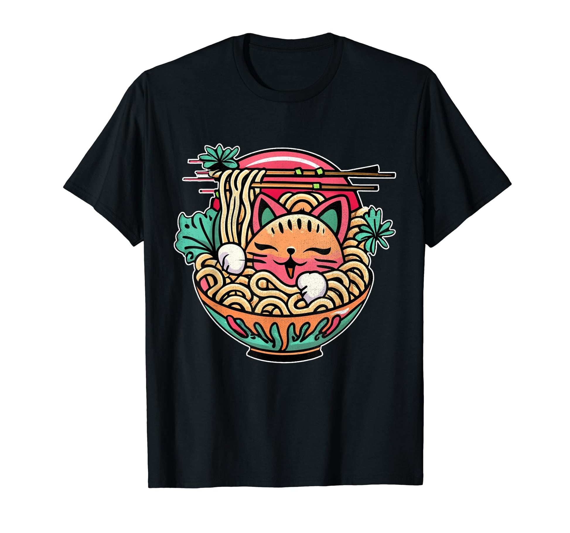 Kawaii Anime Cat Eating Ramen 80S T-Shirt - Trendy Graphic Unisex - T-Shirt, Sweatshirt, Hoodie