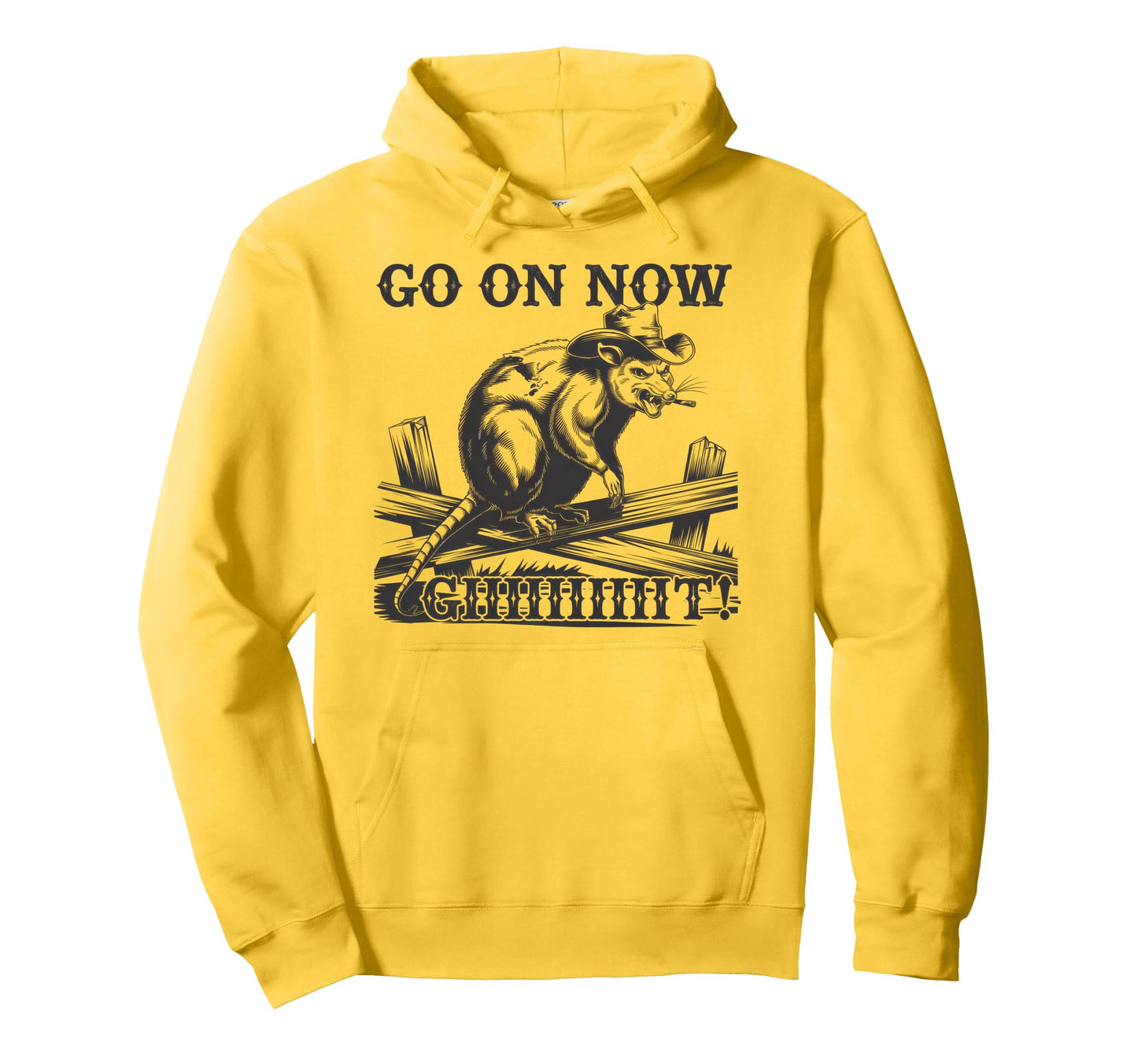 Go Now Git Cowboy Opossum Country Western Hoodie - Graphic Print Unisex - T-Shirt, Sweatshirt, Hoodie