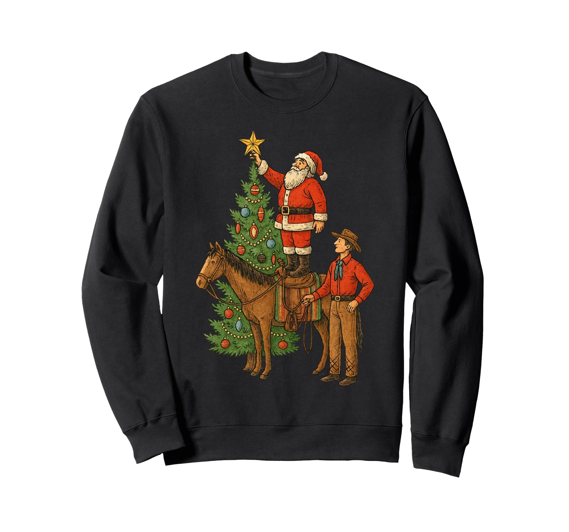 Santa Cowboy And Horse Decorating Sweatshirt - Aesthetic Graphic Men Women - T-Shirt, Sweatshirt, Hoodie