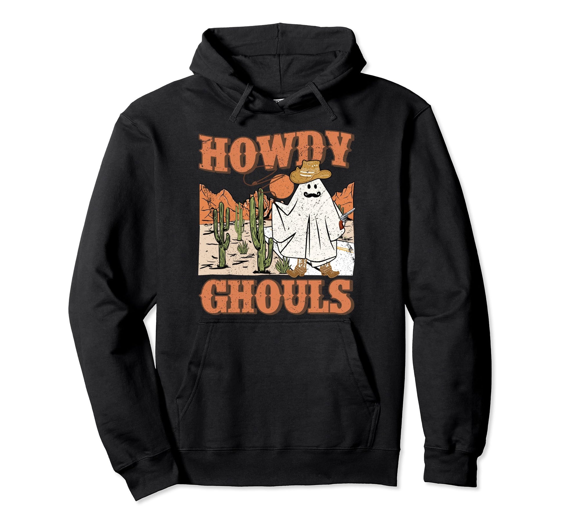 Howdy Ghouls Halloween Ghost Cowboy Gun Hoodie - Trendy Graphic for Adults - T-Shirt, Sweatshirt, Hoodie