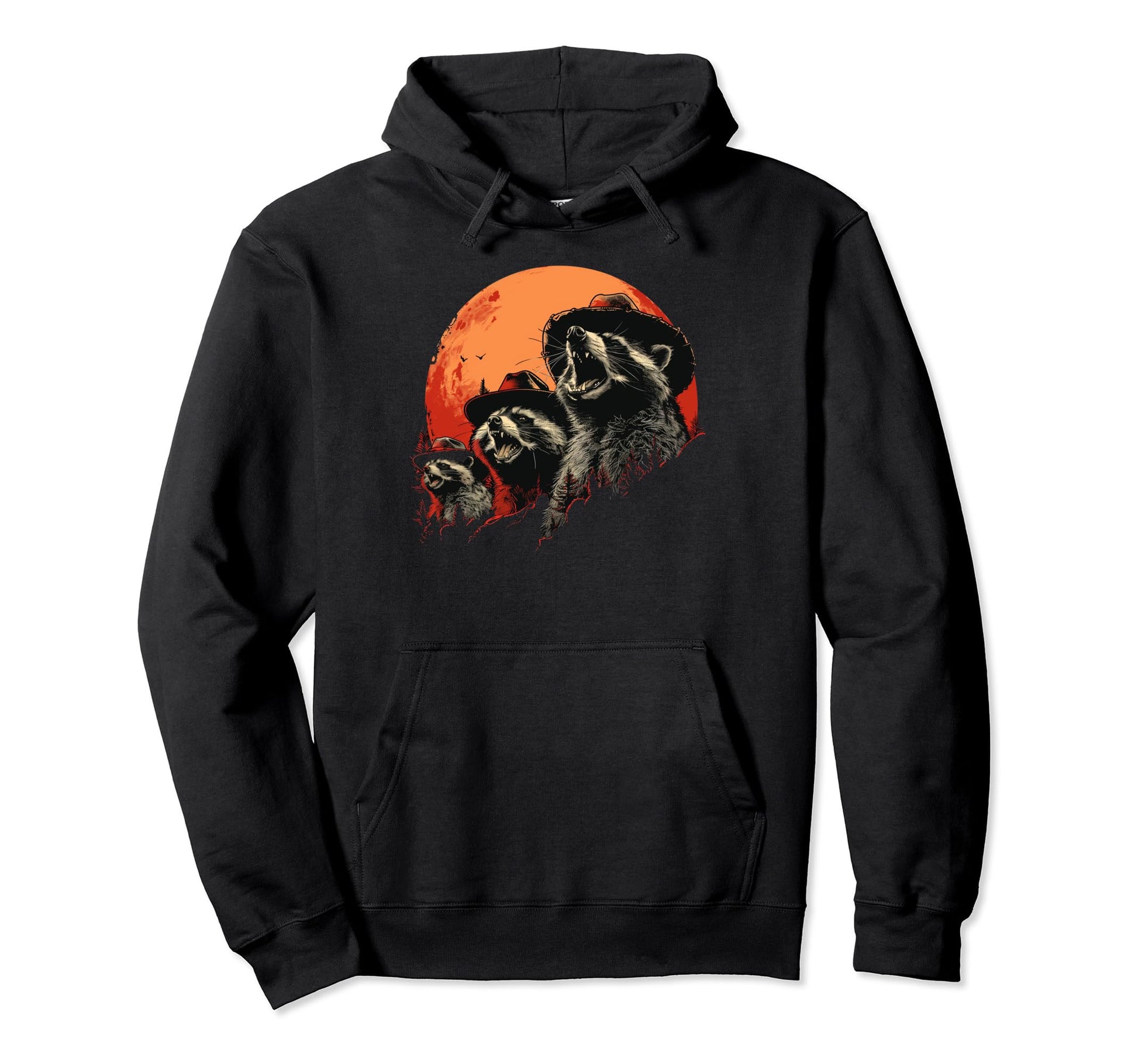 Raccoon Howling Moon Cowboy Funny Hoodie - Unique Graphic Unisex - T-Shirt, Sweatshirt, Hoodie