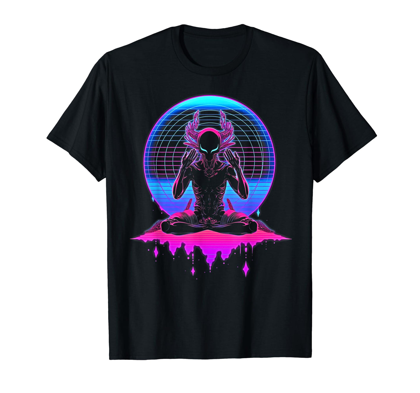 Synthwave Alien Buddha Cyberpunk 80S T-Shirt - Custom Art Print for Adults - T-Shirt, Sweatshirt, Hoodie