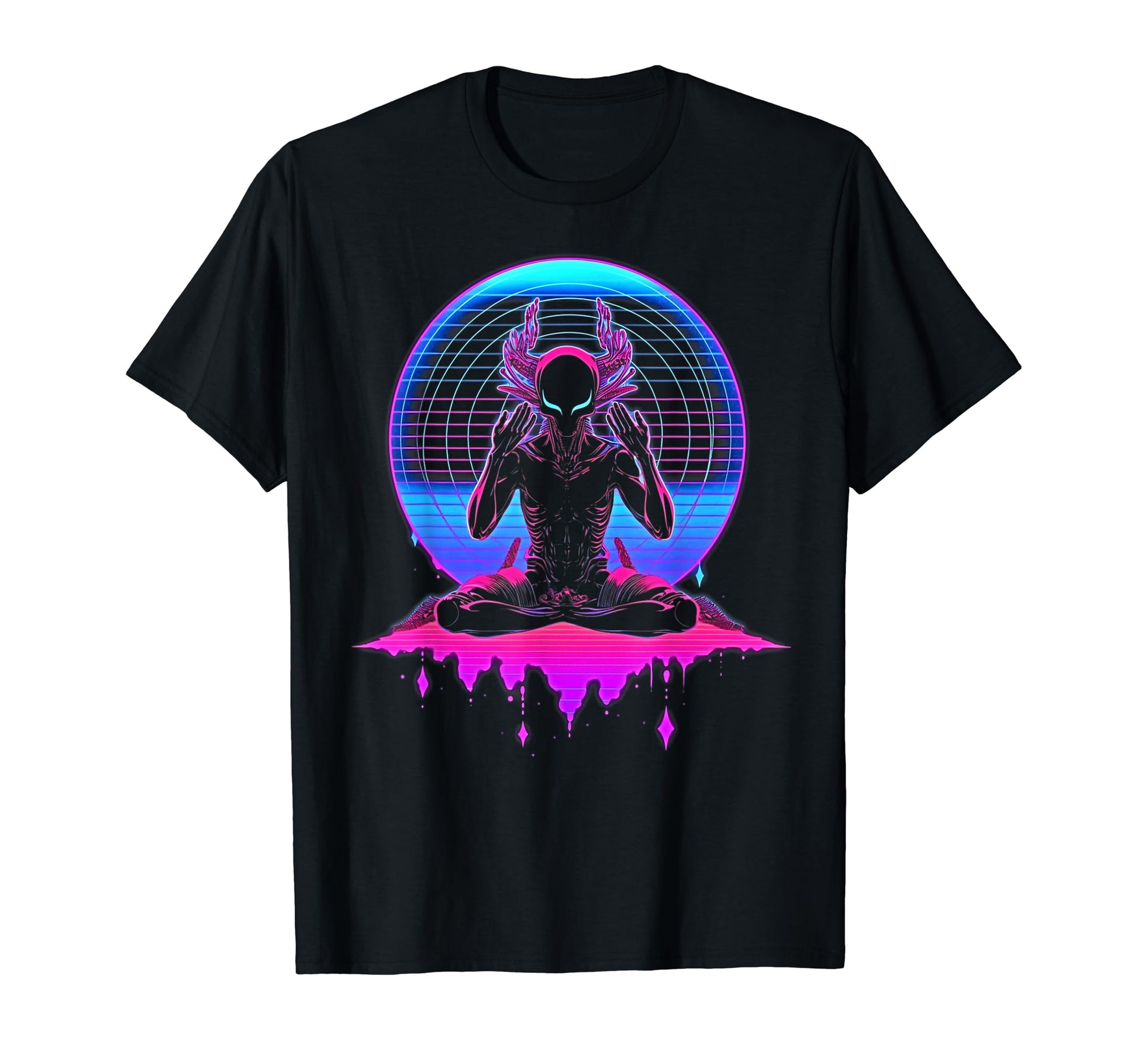 Synthwave Alien Buddha Cyberpunk 80S T-Shirt - Custom Art Print for Adults - T-Shirt, Sweatshirt, Hoodie