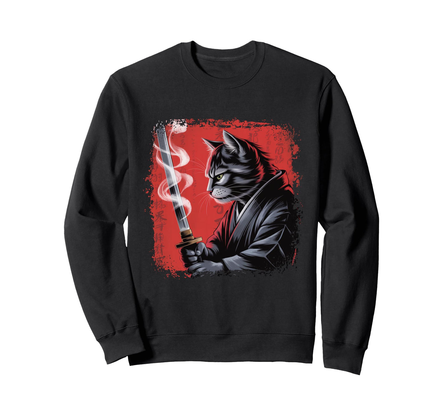 Bleached Japanese Art Samurai Cat Sweatshirt - Graphic Print Men Women - T-Shirt, Sweatshirt, Hoodie