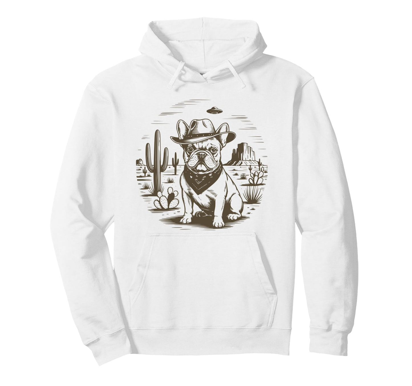 Cowboy French Bulldog Desert Cactus Western Hoodie - Graphic Print Unisex - T-Shirt, Sweatshirt, Hoodie