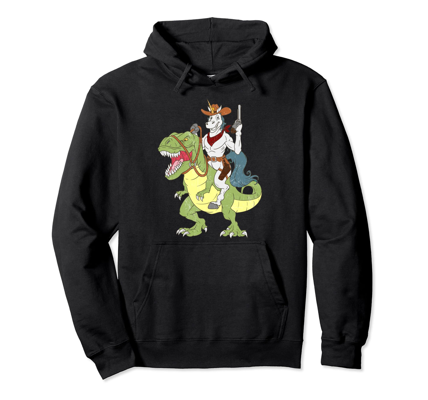 Unicorn Riding Dinosaur T Rex Cowboy Hoodie - Custom Art Print for Adults - T-Shirt, Sweatshirt, Hoodie