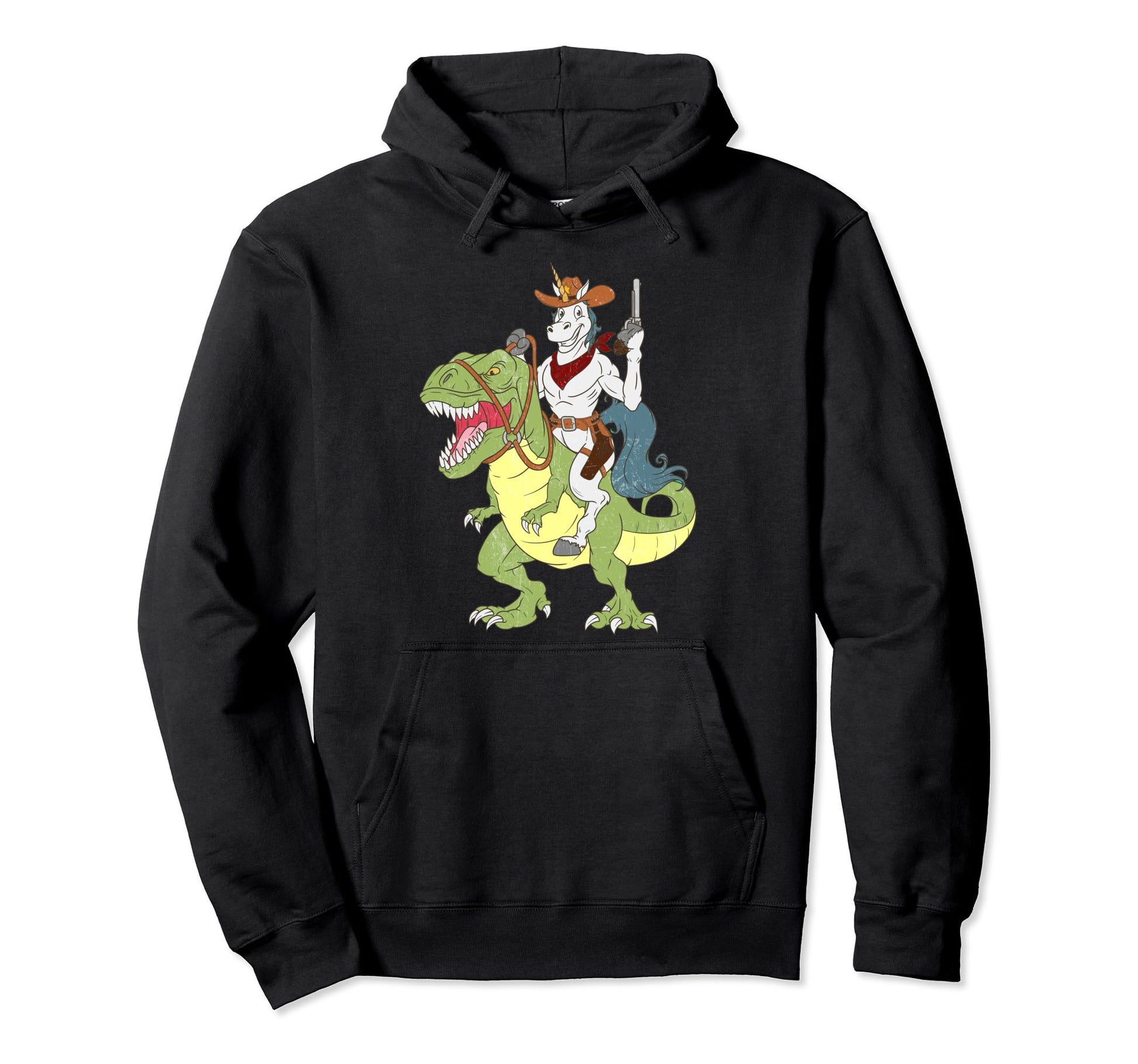 Unicorn Riding Dinosaur T Rex Cowboy Hoodie - Custom Art Print for Adults - T-Shirt, Sweatshirt, Hoodie
