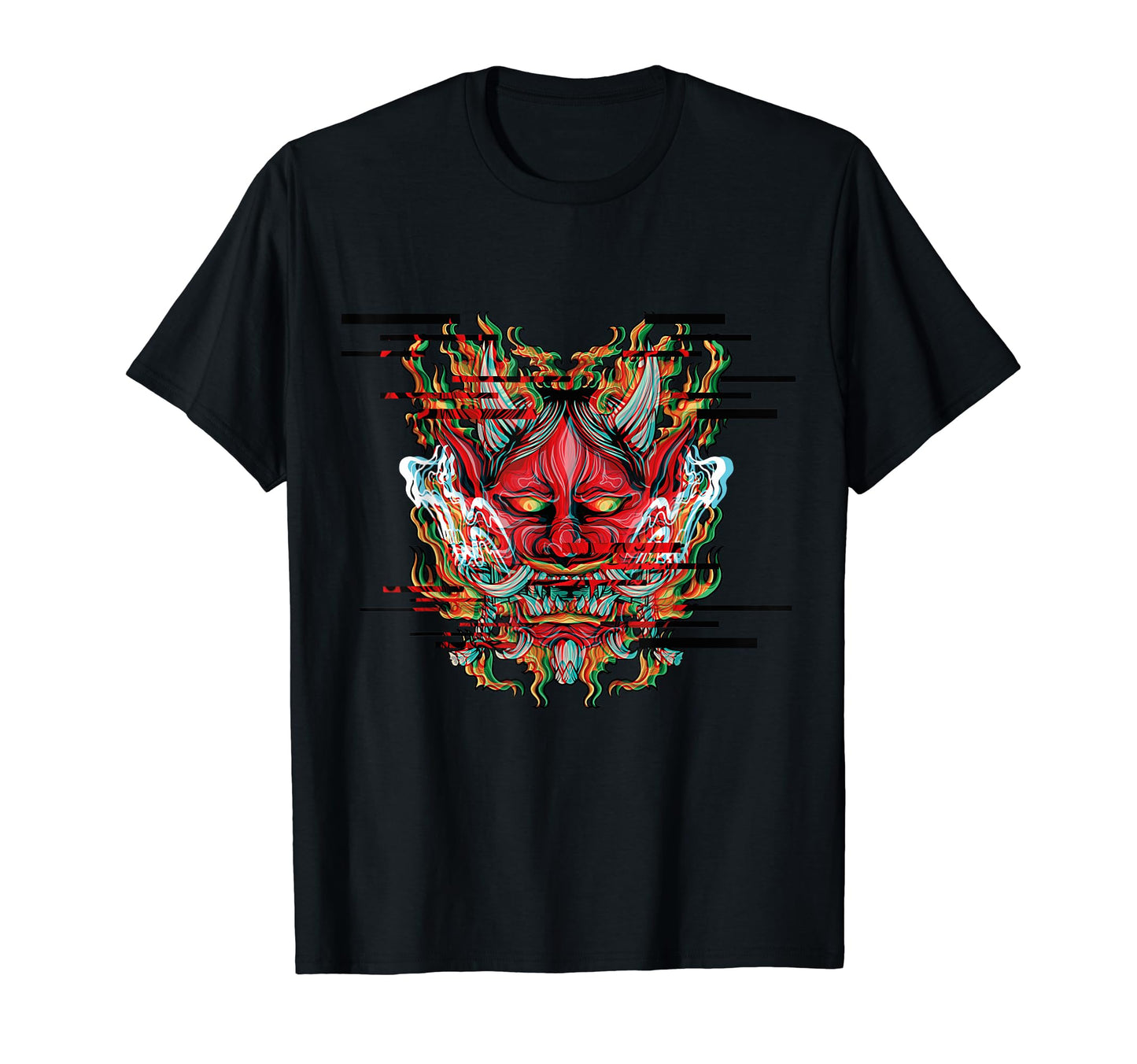 Demon Oni Mask Glitch Aesthetic Japan T-Shirt - Graphic Print Unisex - T-Shirt, Sweatshirt, Hoodie