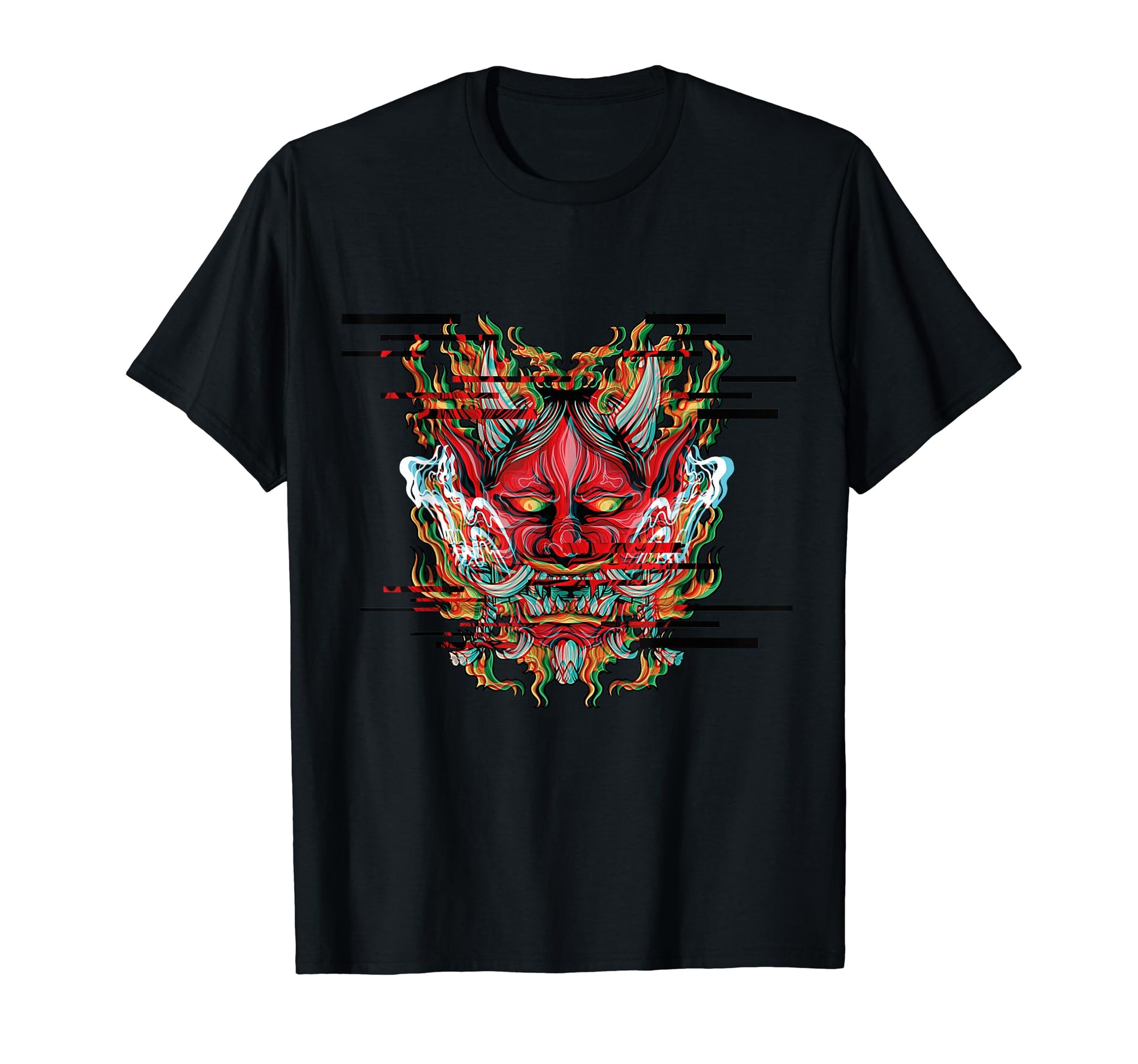 Demon Oni Mask Glitch Aesthetic Japan T-Shirt - Graphic Print Unisex - T-Shirt, Sweatshirt, Hoodie
