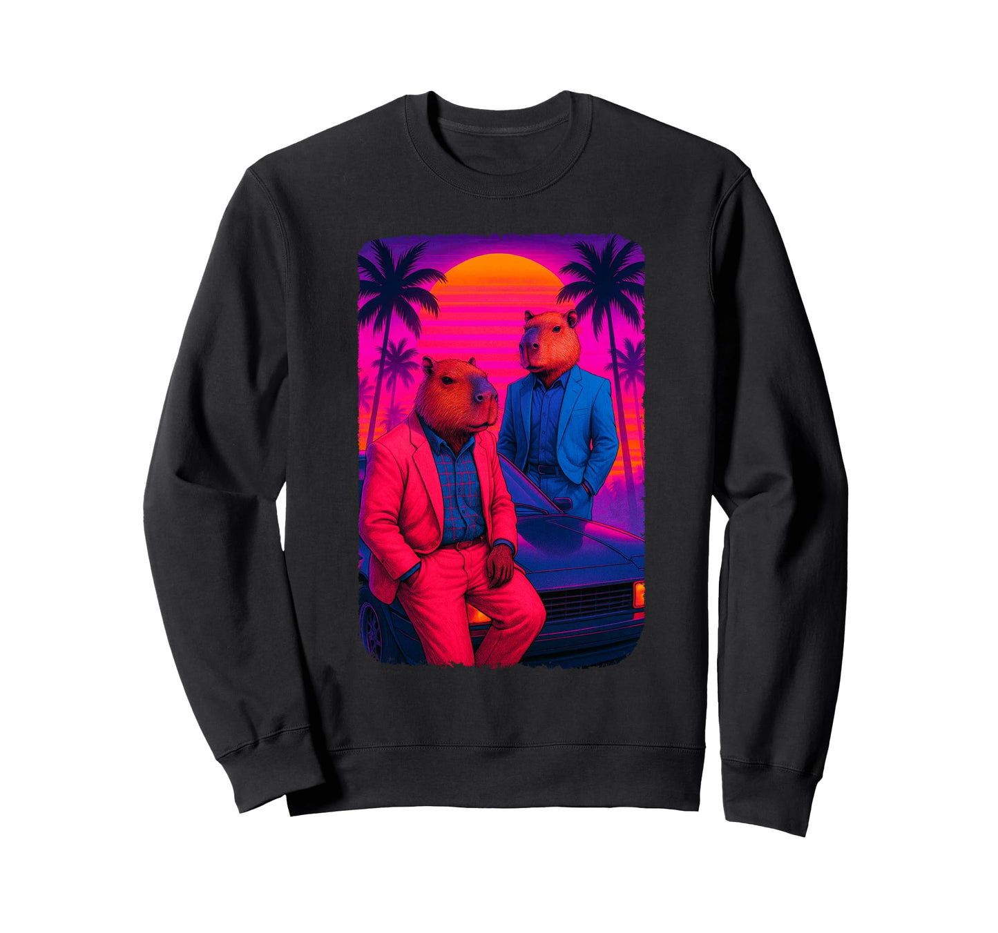 80S Capybara Vaporwave Sunset Sweatshirt - Novelty Apparel Men Women - T-Shirt, Sweatshirt, Hoodie