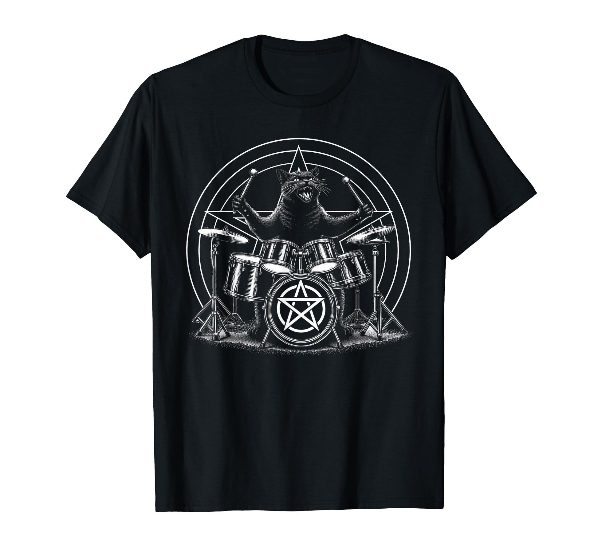 Death Metal Satanic Cat Playing Drums T-Shirt - Aesthetic Graphic Unisex - T-Shirt, Sweatshirt, Hoodie
