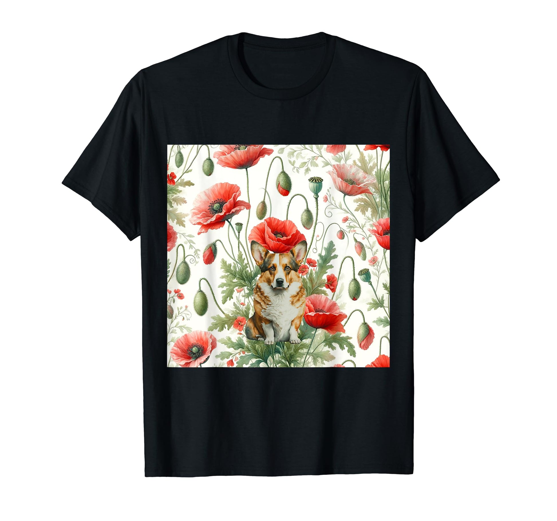 Welsh Corgi Red Poppy Floral Pattern T-Shirt - Trendy Graphic for Adults - T-Shirt, Sweatshirt, Hoodie