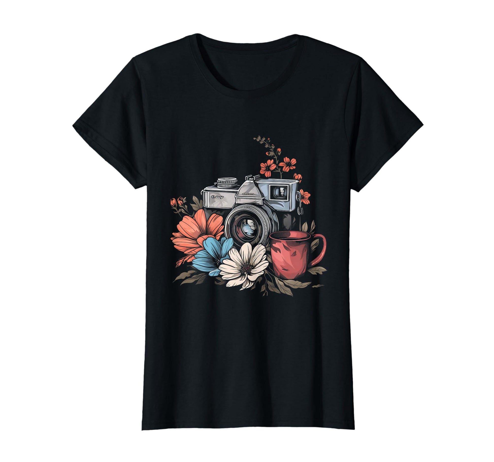 Photographer Coffee Camera Flowers T-Shirt - Aesthetic Graphic Unisex - T-Shirt, Sweatshirt, Hoodie