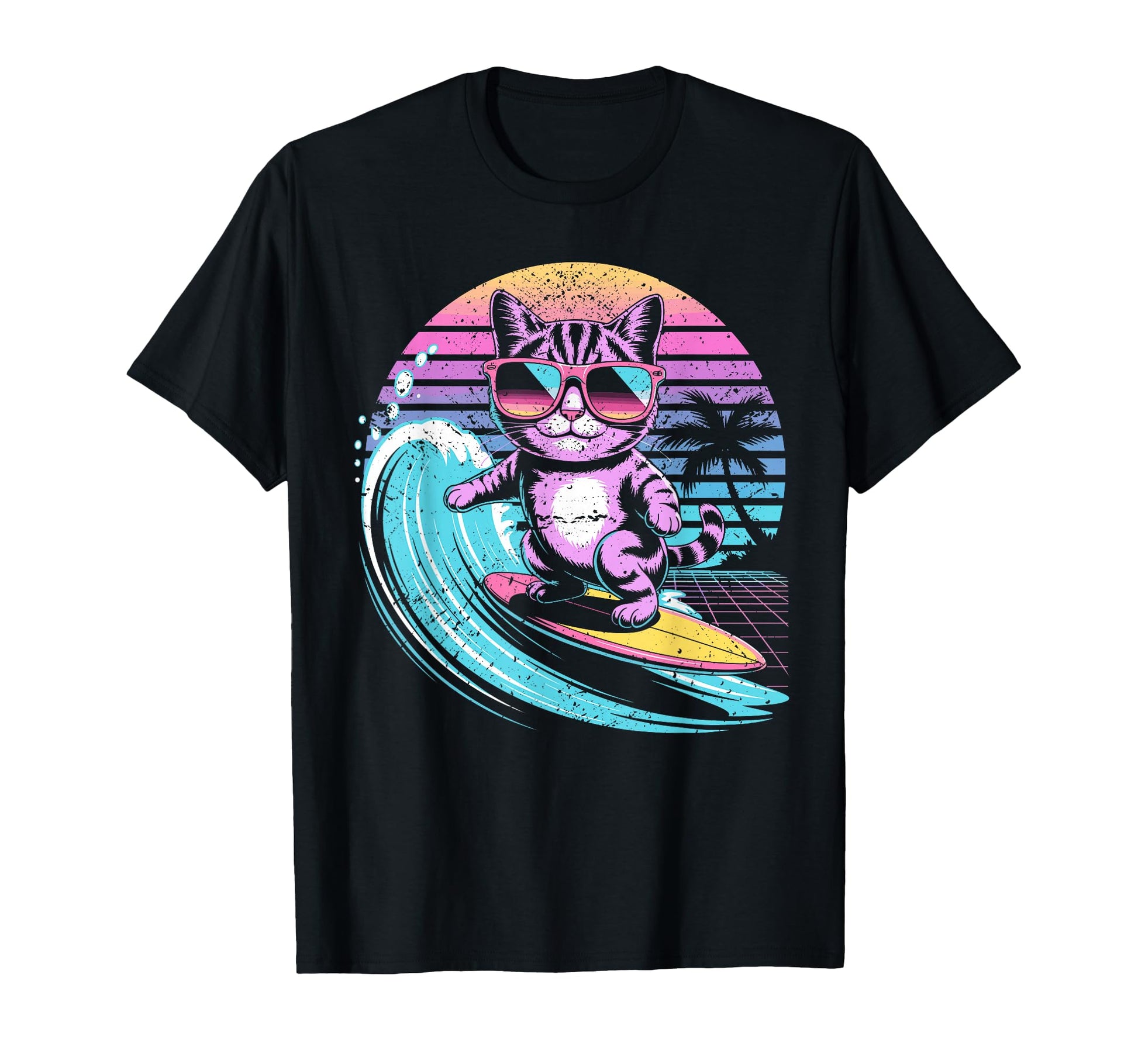 Surfing Cat 80S Synthwave Summer T-Shirt - Fun Novelty Design Men Women - T-Shirt, Sweatshirt, Hoodie