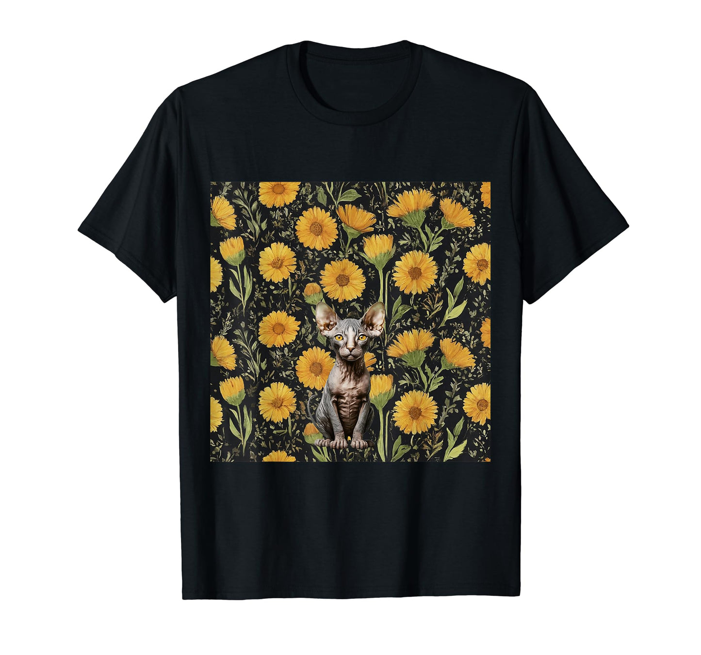 Sphynx Cat Yellow Calendula Autumn T-Shirt - Custom Art Print Unisex - T-Shirt, Sweatshirt, Hoodie