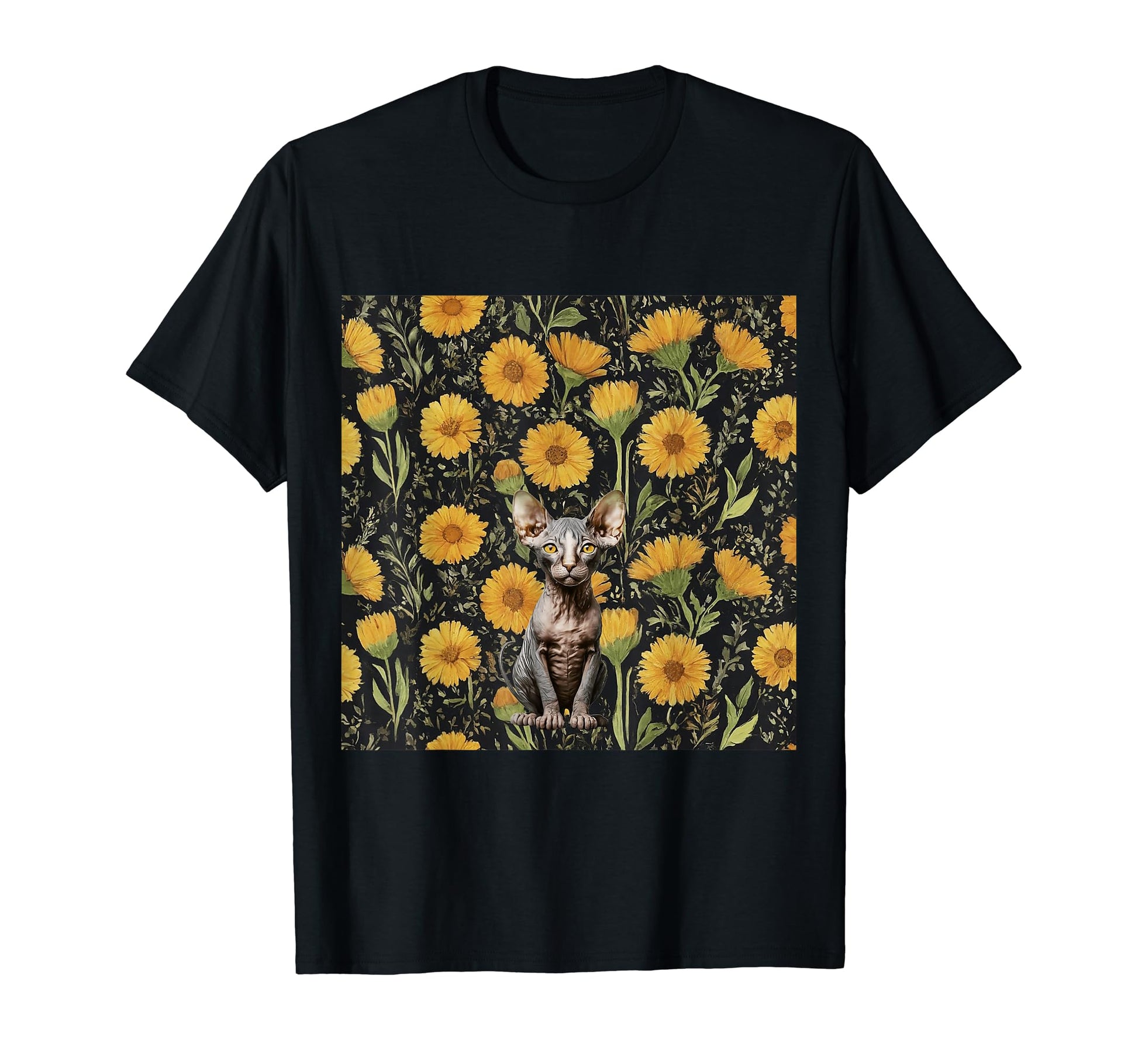 Sphynx Cat Yellow Calendula Autumn T-Shirt - Custom Art Print Unisex - T-Shirt, Sweatshirt, Hoodie