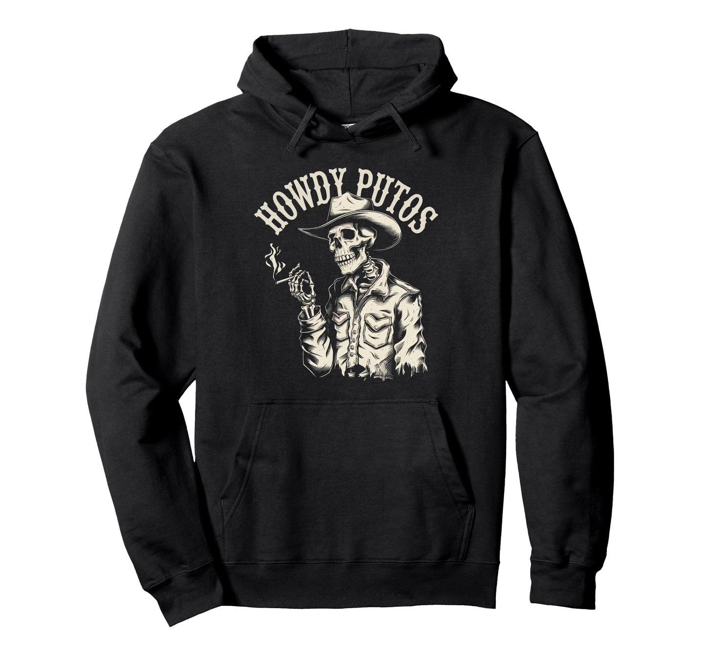 Howdy Putos Cowboy Skeleton Cigarette Hoodie - Minimalist Print for Adults - T-Shirt, Sweatshirt, Hoodie
